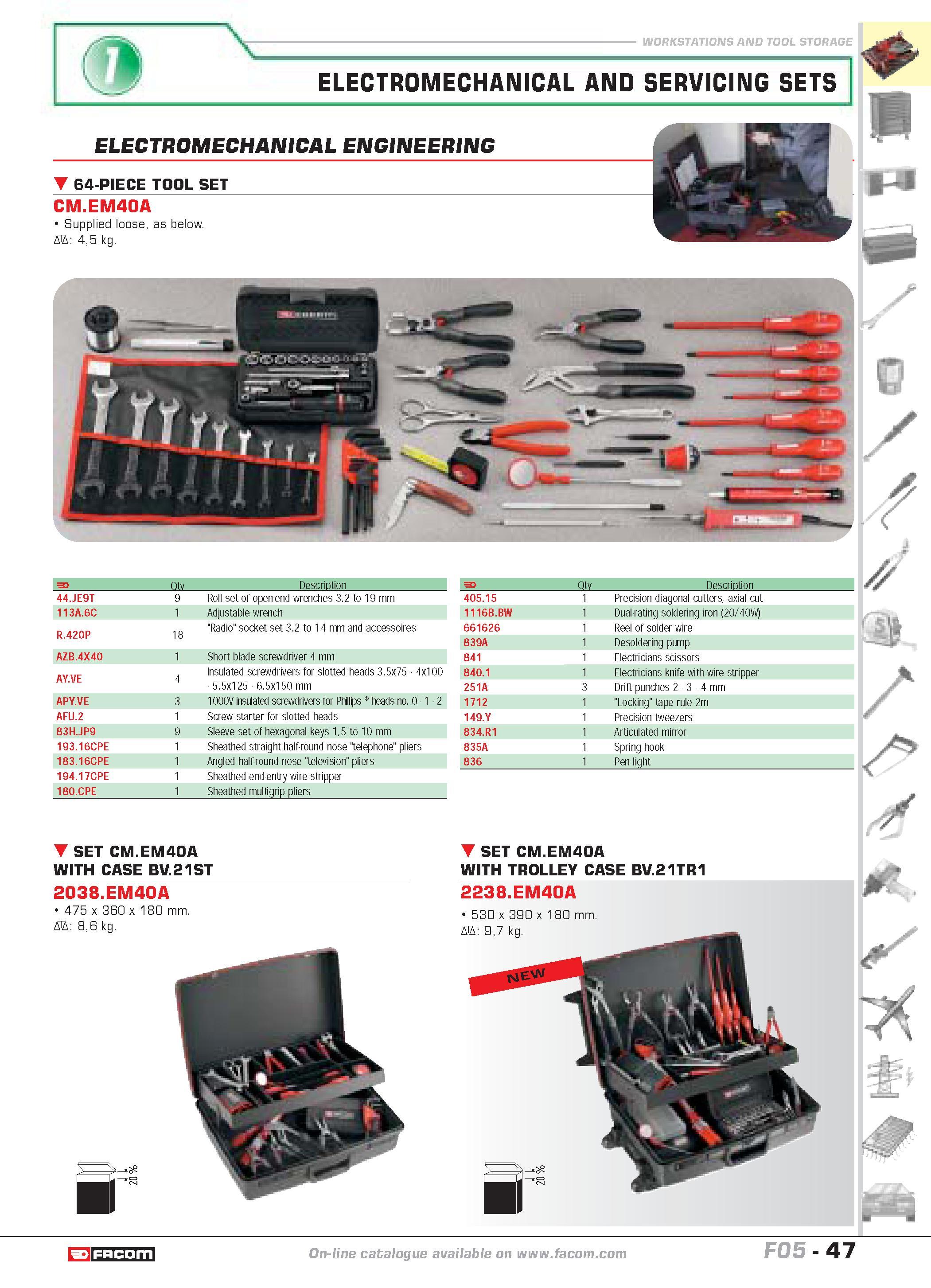 51 WORKSTATIONS AND TOOL STORAGE ELECTROMECHANICAL AND SERVICING SETS ELECTROMECHANICAL ENGINEERING 64-PIECE TOOL SET CM EM40A Supplied loose as bel Каталог FACOM 2005 Профессиональный ручной инструмент и специальное оборудование для предприятий и мастерских Стр. 47 ENG