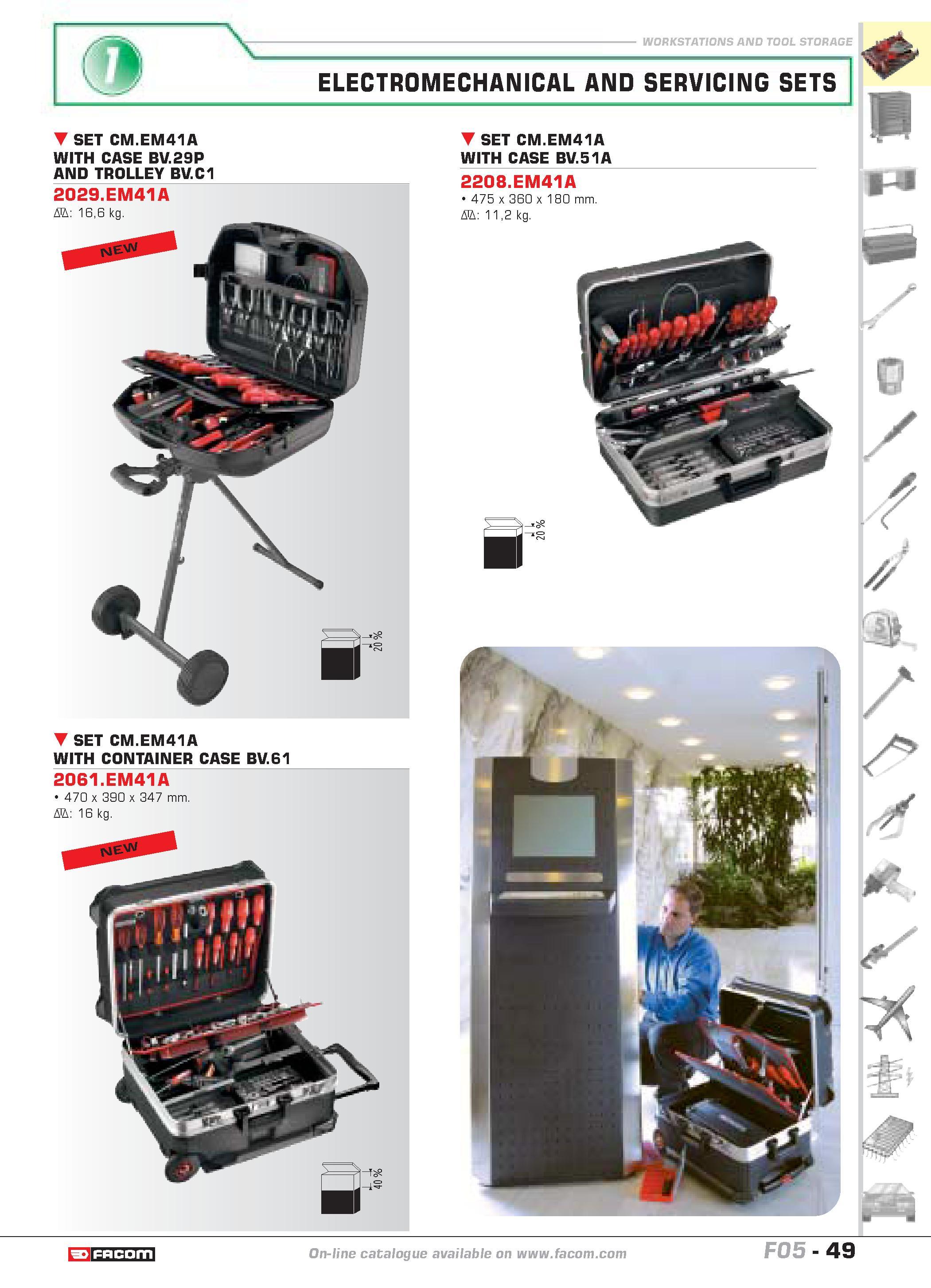 53 ELECTROMECHANICAL AND SERVICING SETS SET CM EM41A WITH CASE BV 29P AND TROLLEY BV C1 2029 EM41A D 166 kg SET CM EM41A WITH CASE BV 51A SET CM EM4 Каталог FACOM 2005 Профессиональный ручной инструмент и специальное оборудование для предприятий и мастерских Стр. 49 ENG