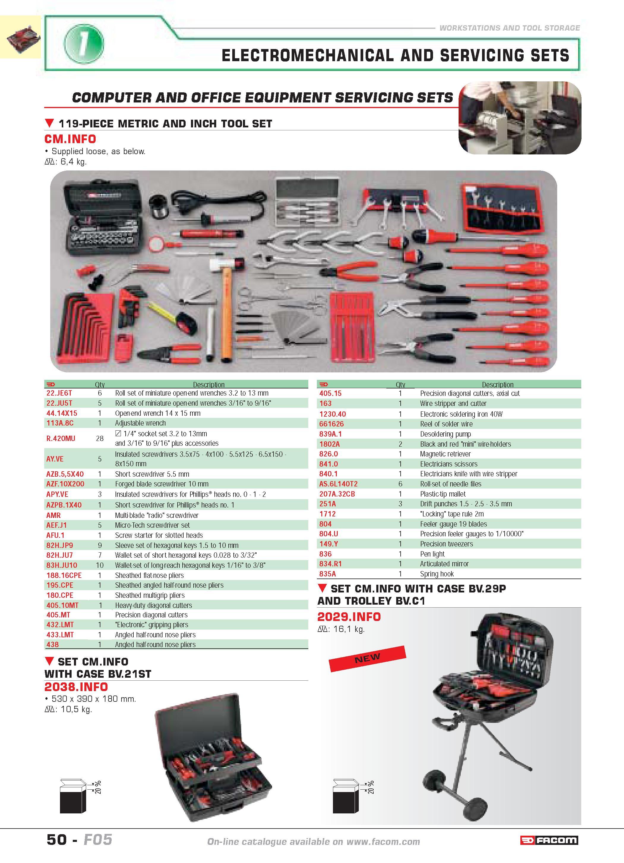 54 WORKSTATIONS AND TOOL STORAGE ELECTROMECHANICAL AND SERVICING SETS COMPUTER AND OFFICE EQUIPMENT SERVICING SETS 119-PIECE METRIC AND INCH TOOL SE Каталог FACOM 2005 Профессиональный ручной инструмент и специальное оборудование для предприятий и мастерских Стр. 50 ENG
