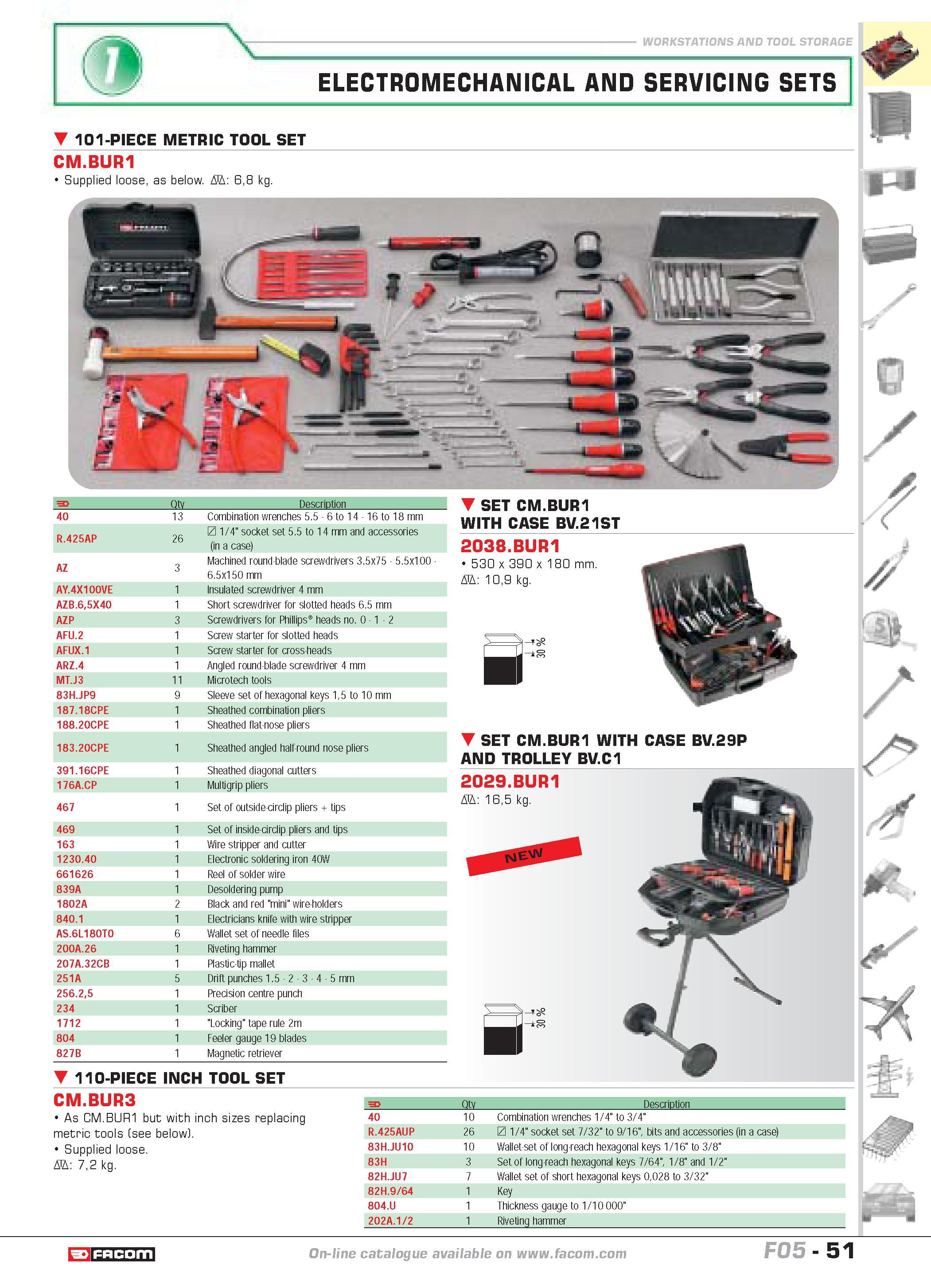55 ELECTROMECHANICAL AND SERVICING SETS 101-PIECE METRIC TOOL SET CM BUR1 Supplied loose as below D 68 kg 40 R 425AP 1 Qty 13 26 Description Combina Каталог FACOM 2005 Профессиональный ручной инструмент и специальное оборудование для предприятий и мастерских Стр. 51 ENG