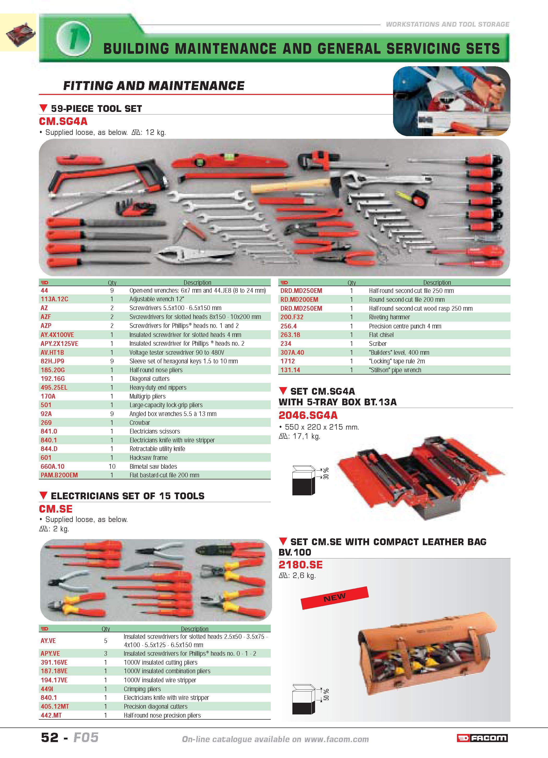 56 WORKSTATIONS AND TOOL STORAGE BUILDING MAINTENANCE AND GENERAL SERVICING SETS FITTING AND MAINTENANCE 59-PIECE TOOL SET CM SG4A Supplied loose as Каталог FACOM 2005 Профессиональный ручной инструмент и специальное оборудование для предприятий и мастерских Стр. 52 ENG