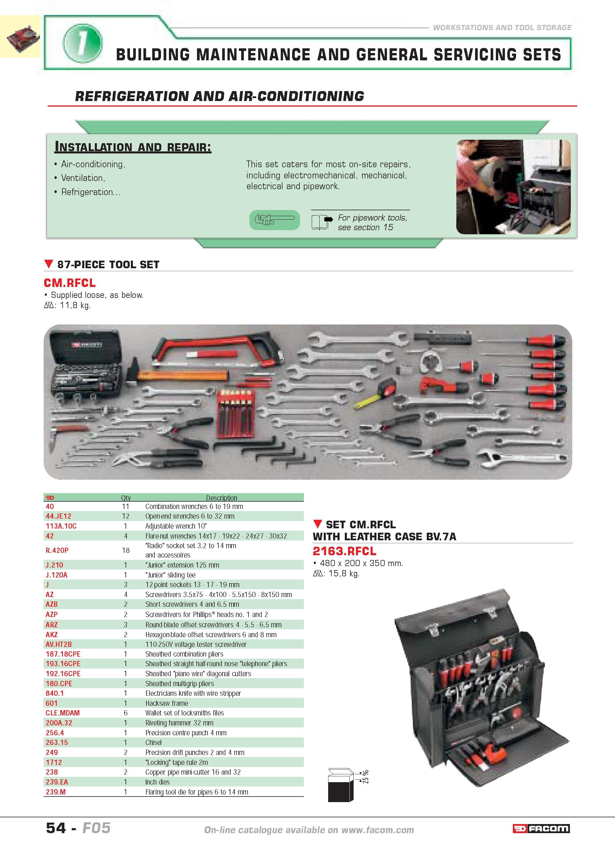 58 WORKSTATIONS AND TOOL STORAGE BUILDING MAINTENANCE AND GENERAL SERVICING SETS REFRIGERATION AND AIR-CONDITIONING Installation and repair Air-cond Каталог FACOM 2005 Профессиональный ручной инструмент и специальное оборудование для предприятий и мастерских Стр. 54 ENG