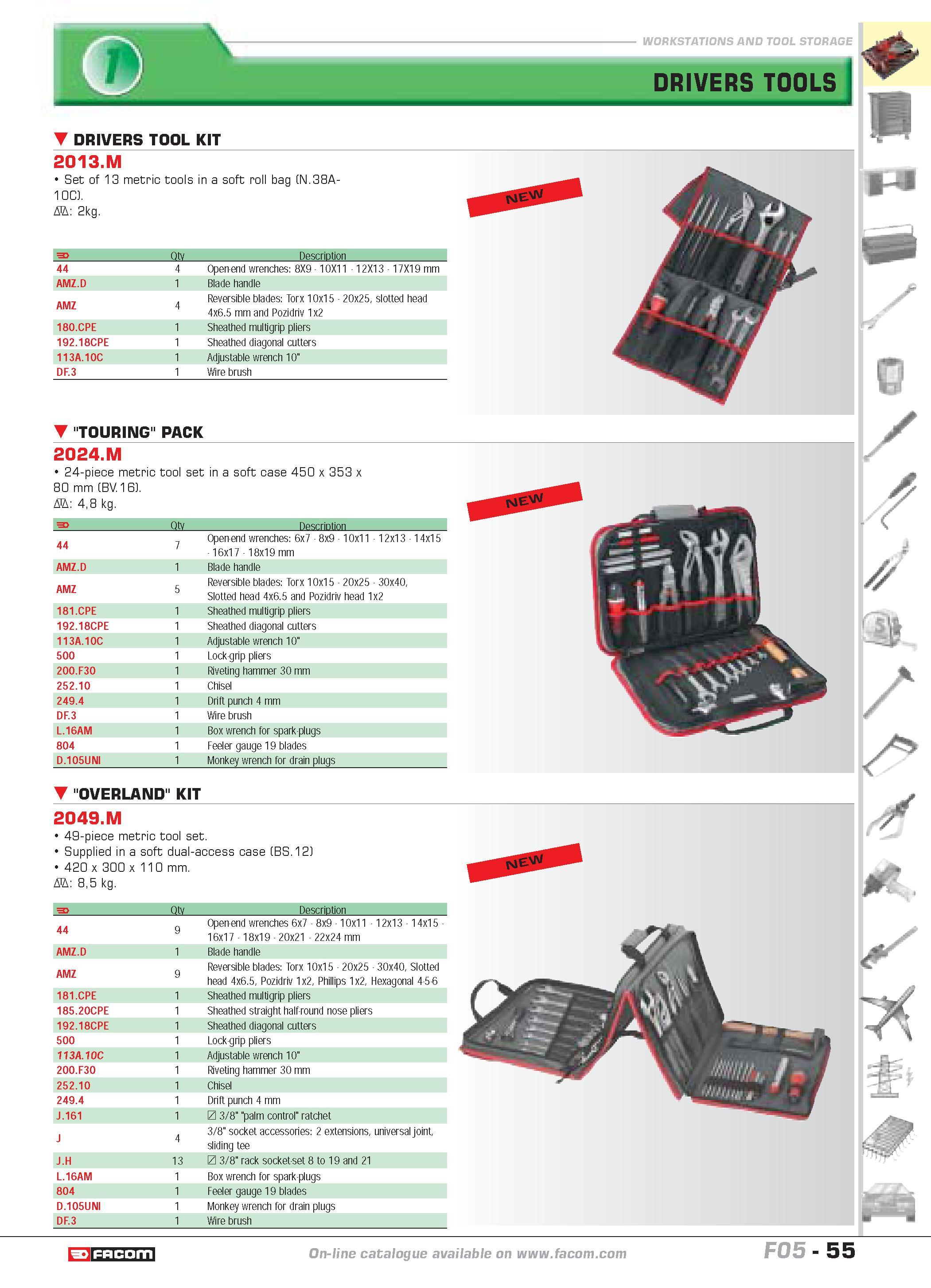 59 WORKSTATIONS AND TOOL STORAGE DRIVERS TOOLS S & DRIVERS TOOL KIT 2013 M Set of 13 metric tools in a soft roll bag (N 38A-10C) D 2kg F Qty Descrip Каталог FACOM 2005 Профессиональный ручной инструмент и специальное оборудование для предприятий и мастерских Стр. 55 ENG