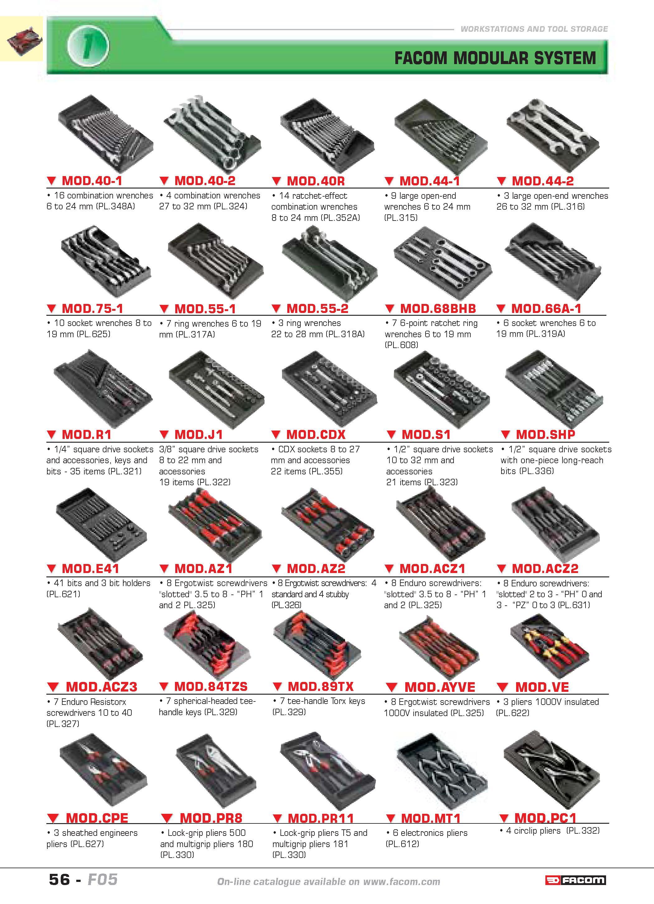 60 WORKSTATIONS AND TOOL STORAGE FACOM MODULAR SYSTEM M0D 40-1 M0D 40-2 M0D 40R MOD 44-1 MOD 44-2 16 combination wrenches 4 combination wrenches 6 t Каталог FACOM 2005 Профессиональный ручной инструмент и специальное оборудование для предприятий и мастерских Стр. 56 ENG