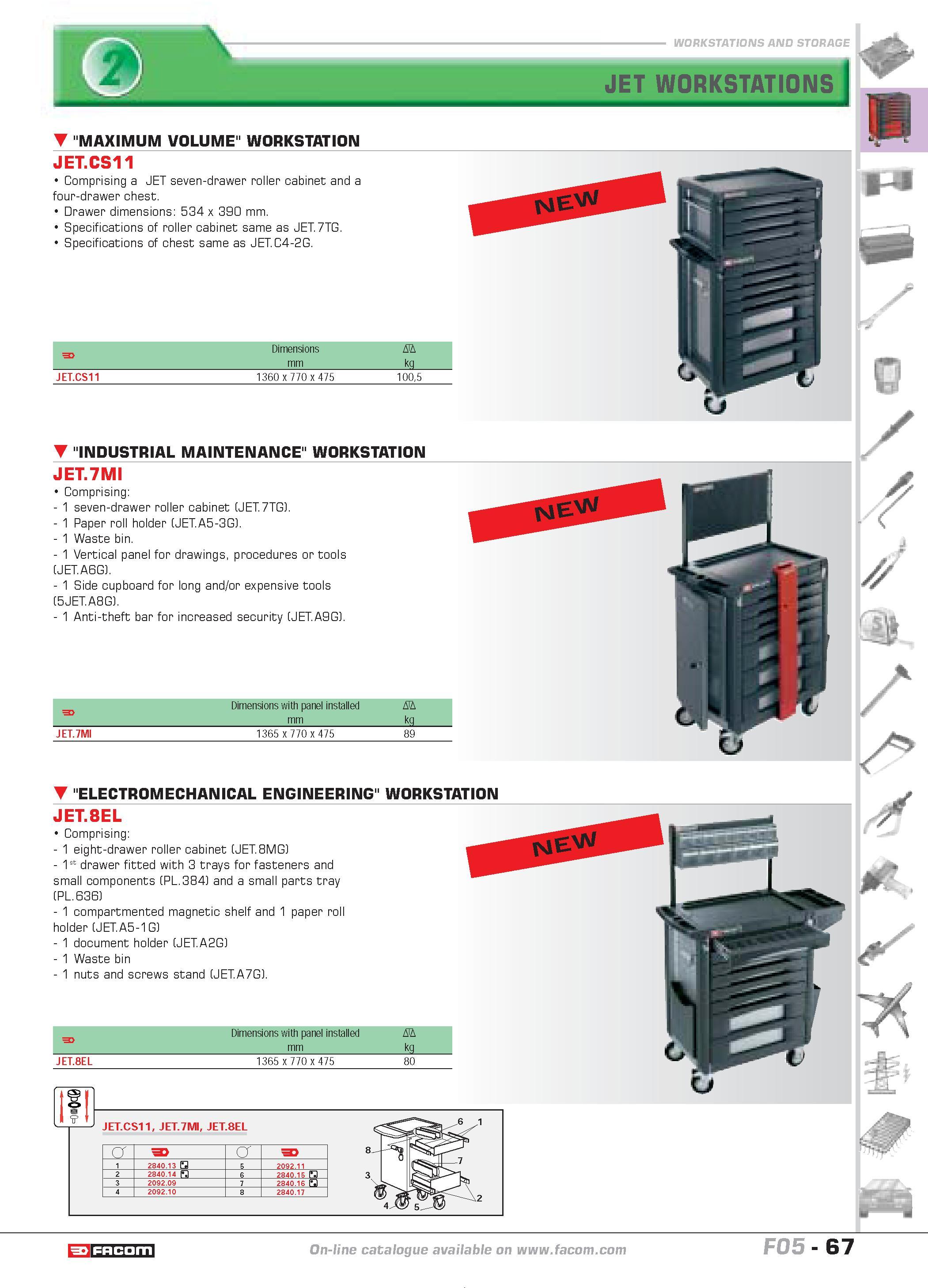 71 JET CS11 Comprising a JET seven-drawer roller cabinet and a four-drawer chest Drawer dimensions 534 x 390 mm Specifications of roller cabinet sam Каталог FACOM 2005 Профессиональный ручной инструмент и специальное оборудование для предприятий и мастерских Стр. 67 ENG