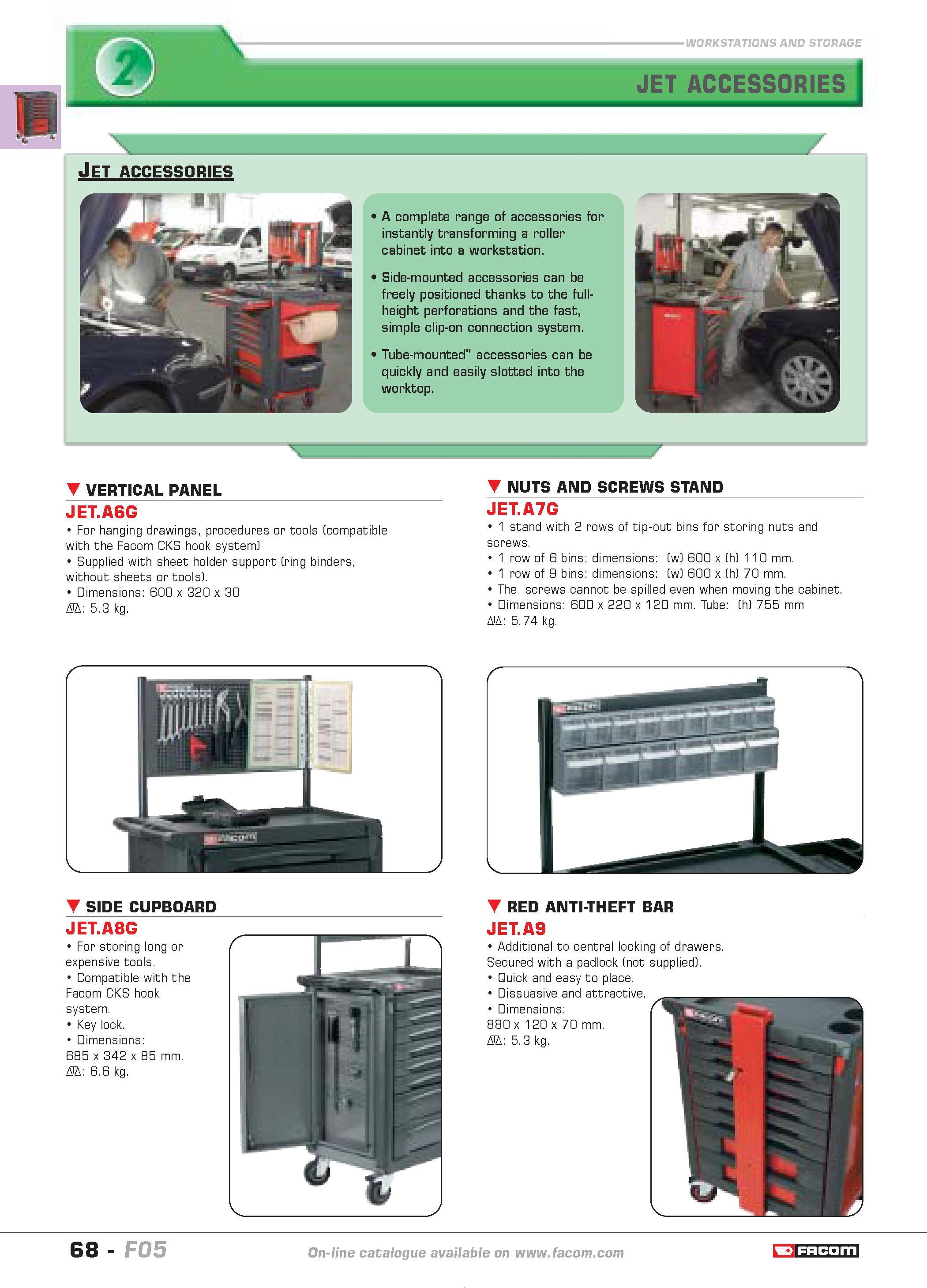 72 STORAGE JET ACCESSORIES Jet accessories 1 A complete range of accessories for instantly transforming a roller cabinet into a workstation 1 Side-m Каталог FACOM 2005 Профессиональный ручной инструмент и специальное оборудование для предприятий и мастерских Стр. 68 ENG