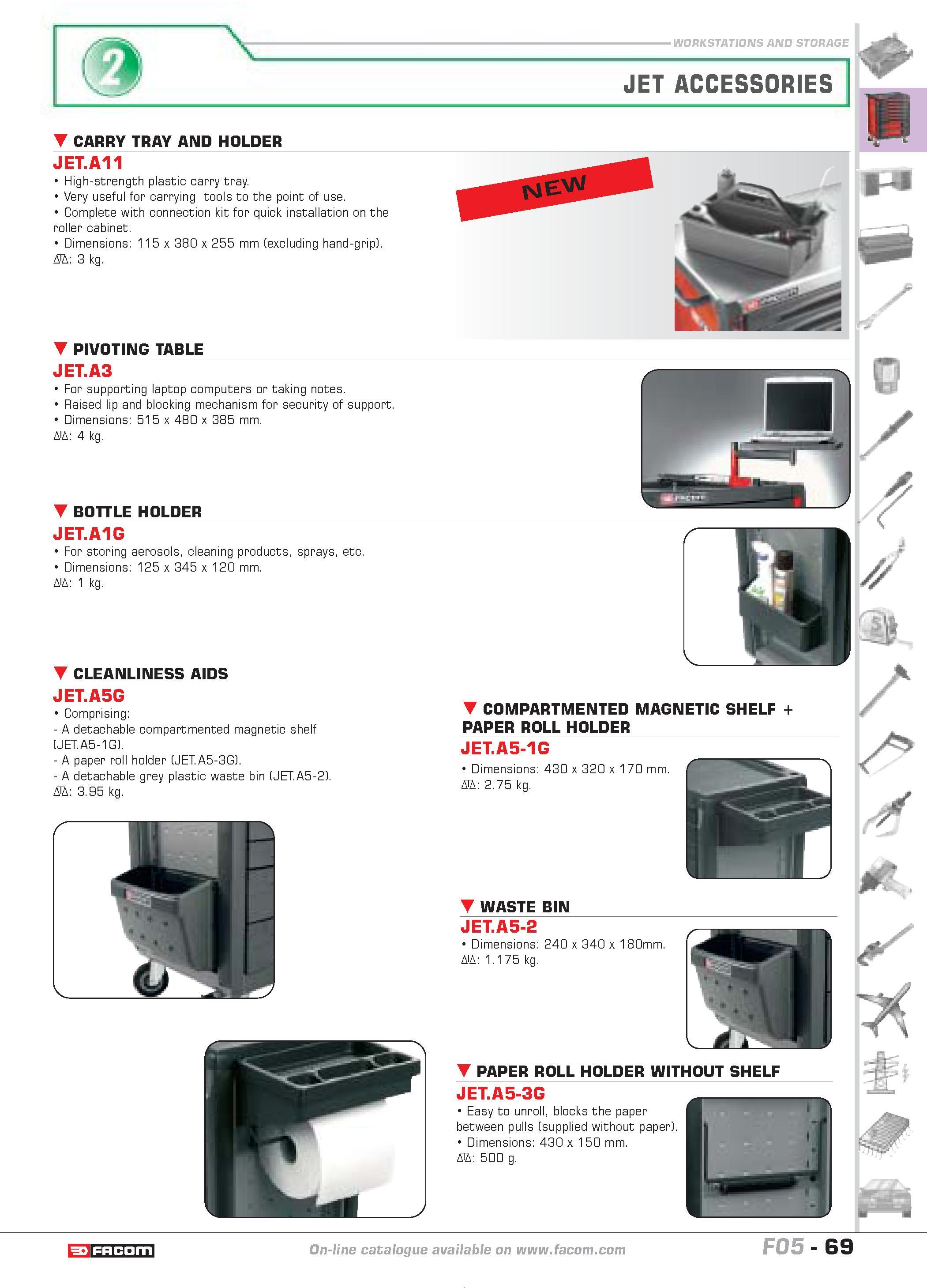 73 WORKSTATIONS AND STORAGE JET ACCESSORIES CARRY TRAY AND HOLDER JET A11 High-strength plastic carry tray Very useful for carrying tools to the poi Каталог FACOM 2005 Профессиональный ручной инструмент и специальное оборудование для предприятий и мастерских Стр. 69 ENG