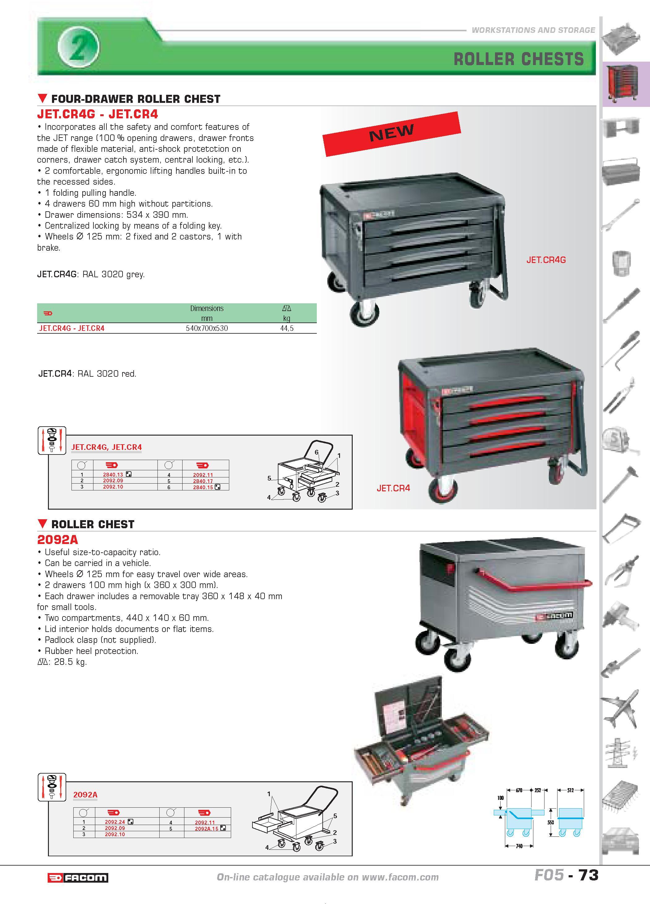 77 WORKSTATIONS AND STORAGE FOUR-DRAWER ROLLER CHEST JET CR4G- JET CR4 Incorporates all the safety and comfort features of the JET range (100 openin Каталог FACOM 2005 Профессиональный ручной инструмент и специальное оборудование для предприятий и мастерских Стр. 73 ENG