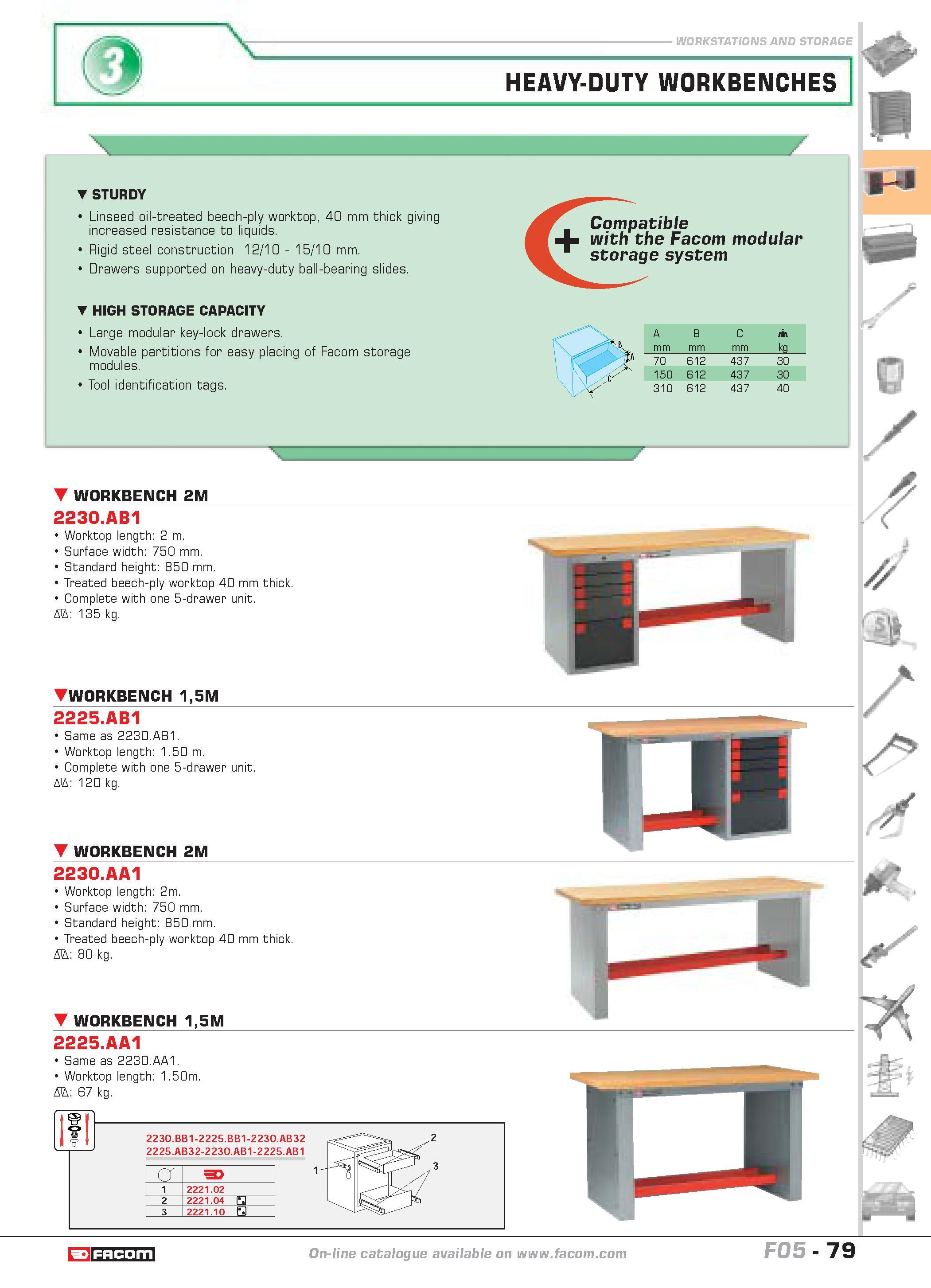 83 WORKSTATIONS AND STORAGE HEAVY-DUTY WORKBENCHES STURDY Linseed oil-treated beech-ply worktop 40 mm thick giving increased resistance to liquids R Каталог FACOM 2005 Профессиональный ручной инструмент и специальное оборудование для предприятий и мастерских Стр. 79 ENG