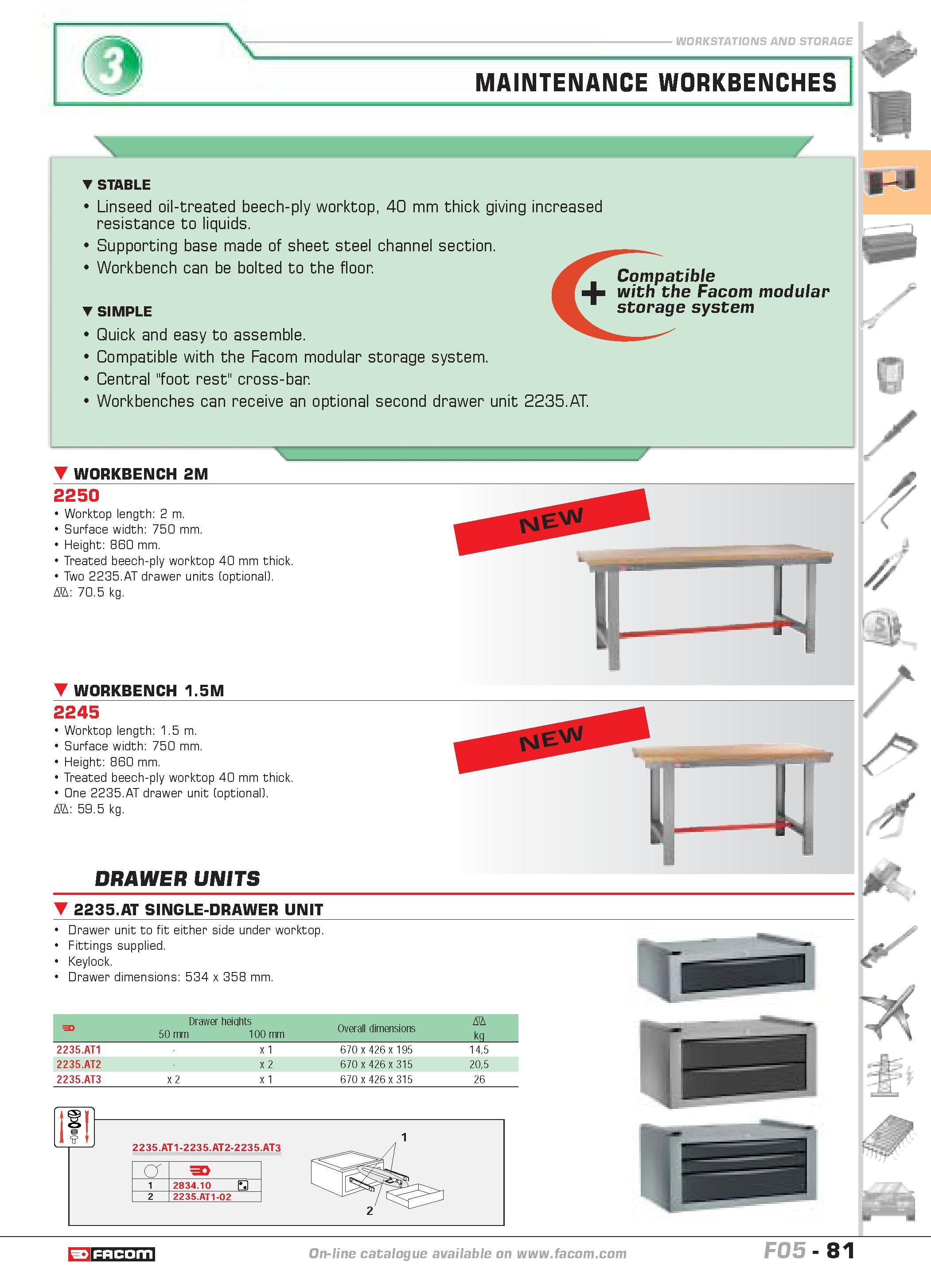 85 WORKSTATIONS AND STORAGE MAINTENANCE WORKBENCHES STABLE Linseed oil-treated beech-ply worktop 40 mm thick giving increased resistance to liquids Каталог FACOM 2005 Профессиональный ручной инструмент и специальное оборудование для предприятий и мастерских Стр. 81 ENG