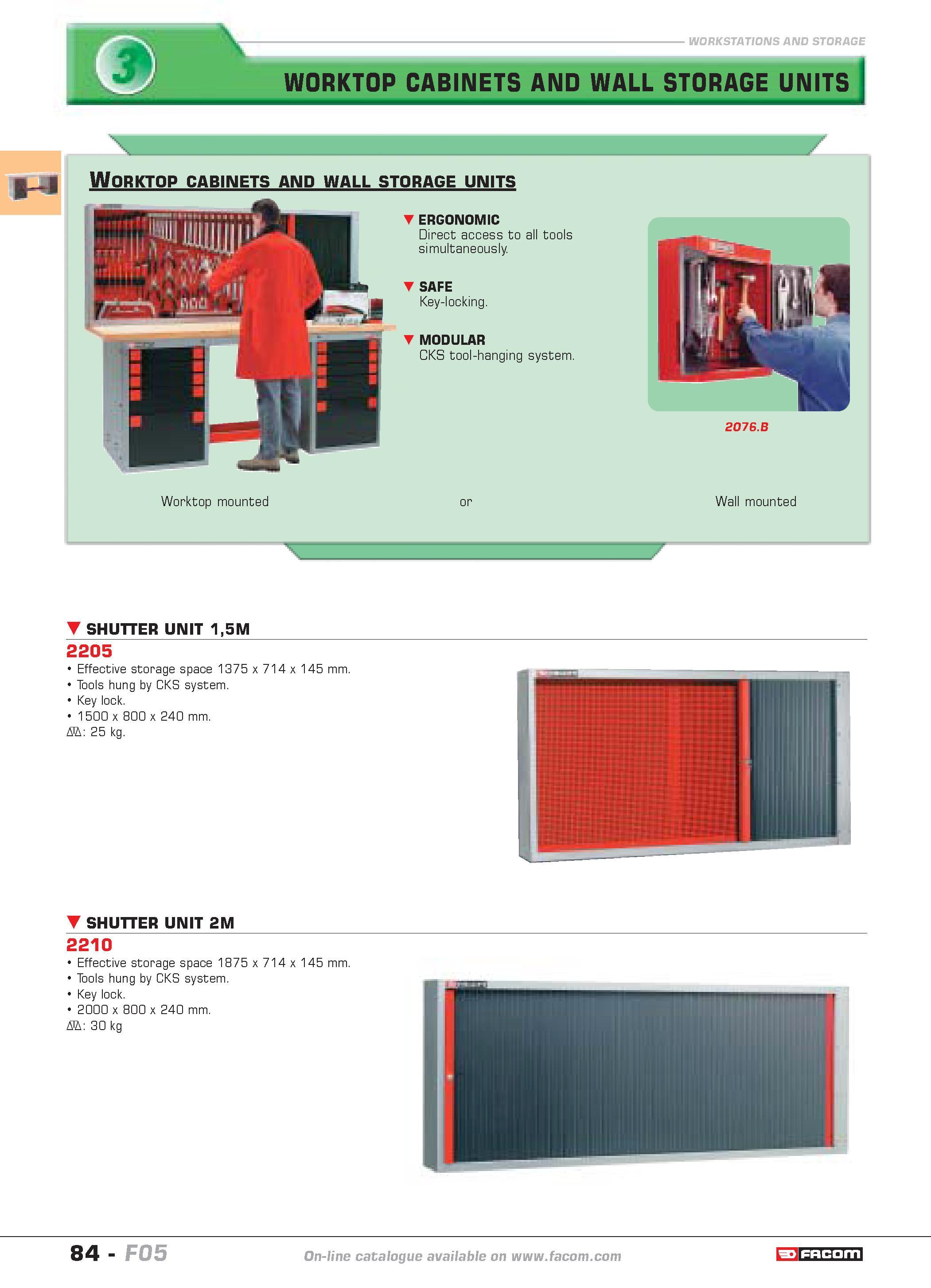 88 WORKSTATIONS AND STORAGE WORKTOP CABINETS AND WALL STORAGE UNITS SHUTTER UNIT 15M 2205 Effective storage space 1375 x 714 x 145 mm Tools hung by Каталог FACOM 2005 Профессиональный ручной инструмент и специальное оборудование для предприятий и мастерских Стр. 84 ENG