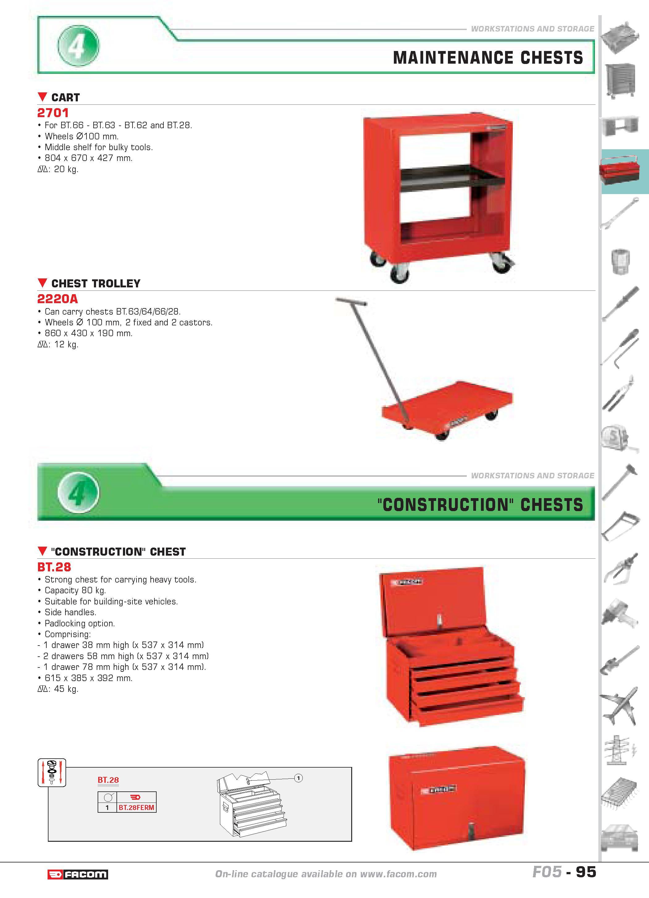 99 WORKSTATIONS AND STORAGE MAINTENANCE CHESTS CART 2701 For BT 66 BT 63 BT 62 and BT 28 Wheels 0100 mm Middle shelf for bulky tools 804 x 670 x 427 Каталог FACOM 2005 Профессиональный ручной инструмент и специальное оборудование для предприятий и мастерских Стр. 95 ENG