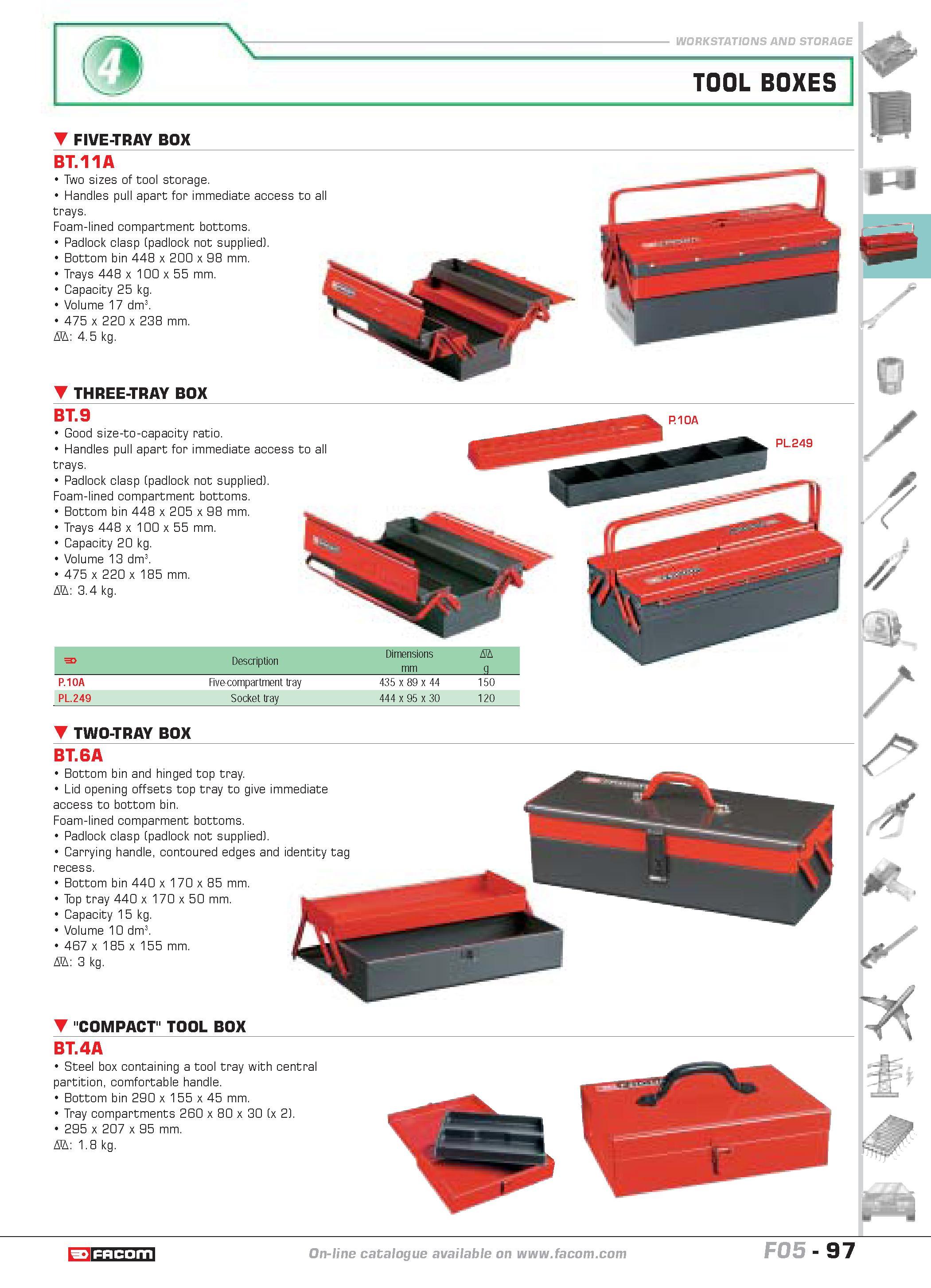 101 WORKSTATIONS AND STORAGE TOOL BOXES FIVE-TRAY BOX BT 11A Two sizes of tool storage Handles pull apart for immediate access to all trays Foam-line Каталог FACOM 2005 Профессиональный ручной инструмент и специальное оборудование для предприятий и мастерских Стр. 97 ENG