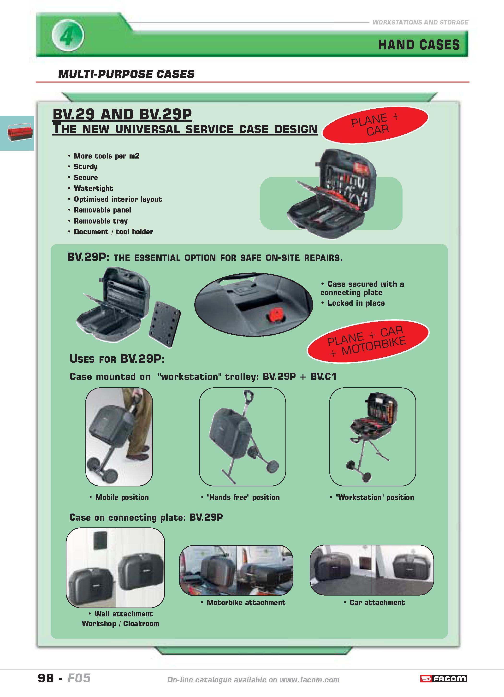 102 HAND CASES MULTI-PURPOSE CASES V BV 29 AND BV 29P The new universal service case design 98 catalogue FACOM F05 Каталог FACOM 2005 Профессиональный ручной инструмент и специальное оборудование для предприятий и мастерских Стр. 98 ENG