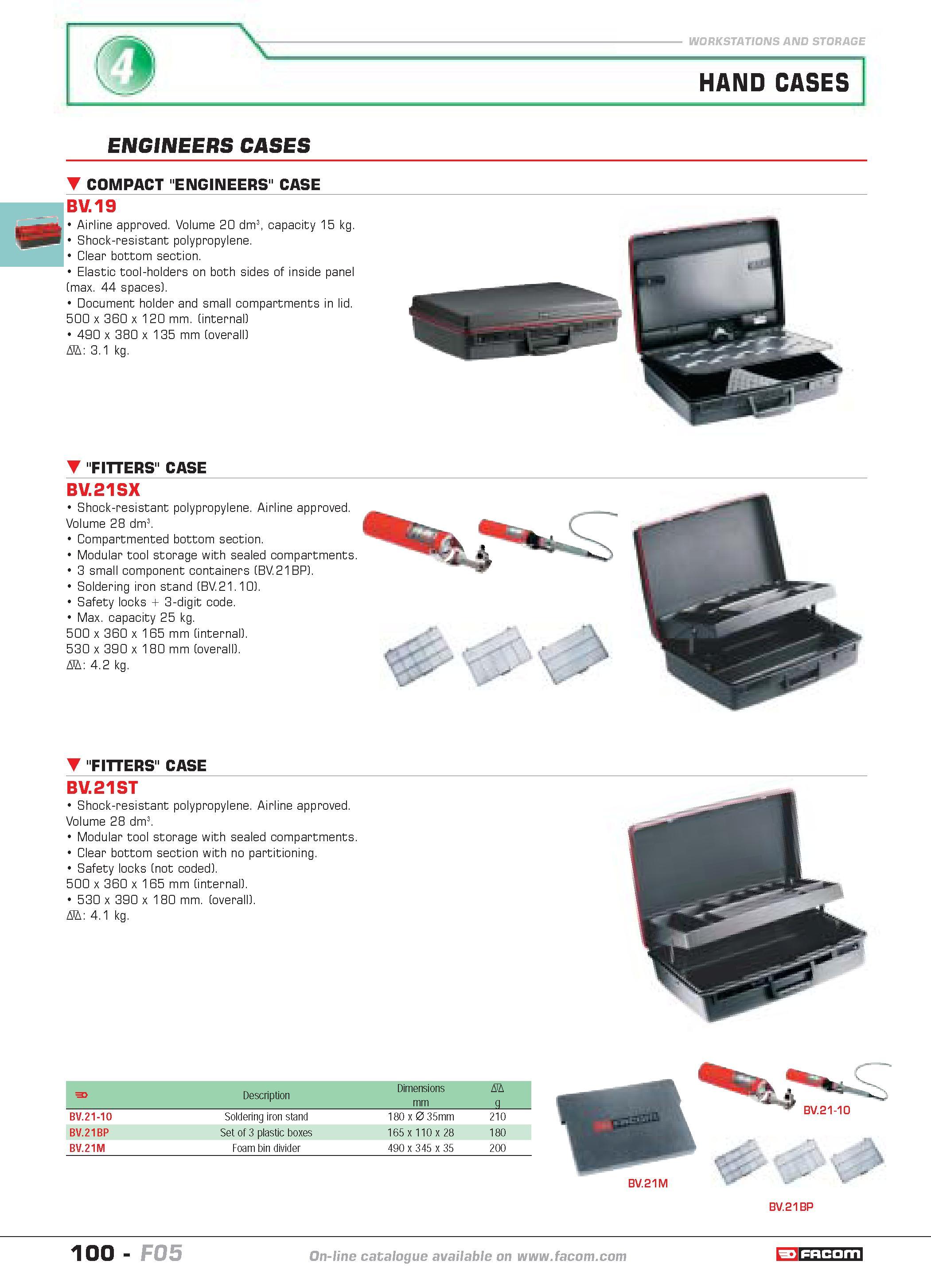 104 WORKSTATIONS AND STORAGE HAND CASES ENGINEERS CASES COMPACT ENGINEERS CASE BV 19 Airline approved Volume 20 dm3 capacity 15 kg Shock-resistant po Каталог FACOM 2005 Профессиональный ручной инструмент и специальное оборудование для предприятий и мастерских Стр. 100 ENG