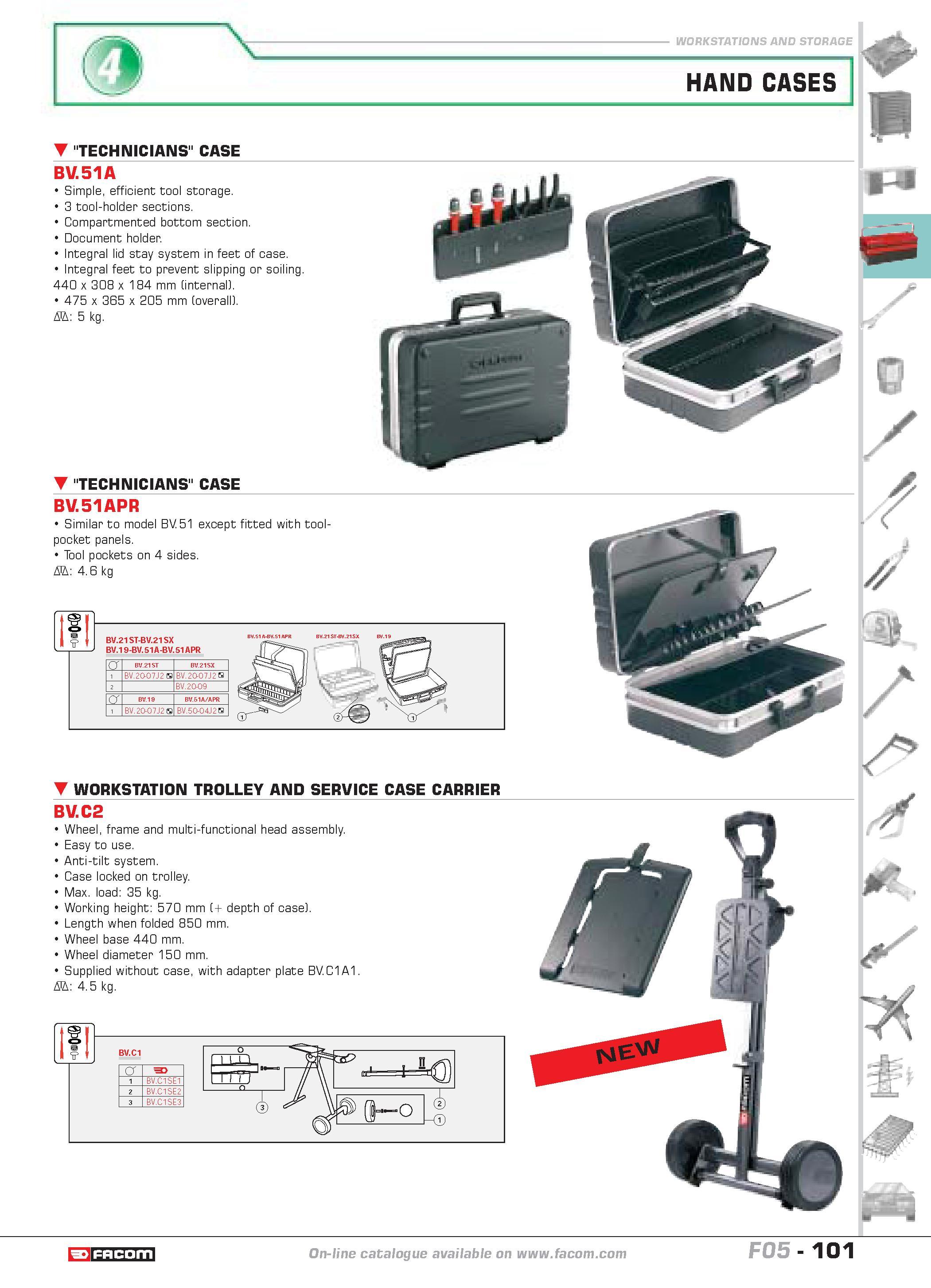 105 WORKSTATIONS AND STORAGE HAND CASES TECHNICIANS CASE P BV 51A Simple efficient tool storage 3 tool-holder sections Compartmented bottom section D Каталог FACOM 2005 Профессиональный ручной инструмент и специальное оборудование для предприятий и мастерских Стр. 101 ENG