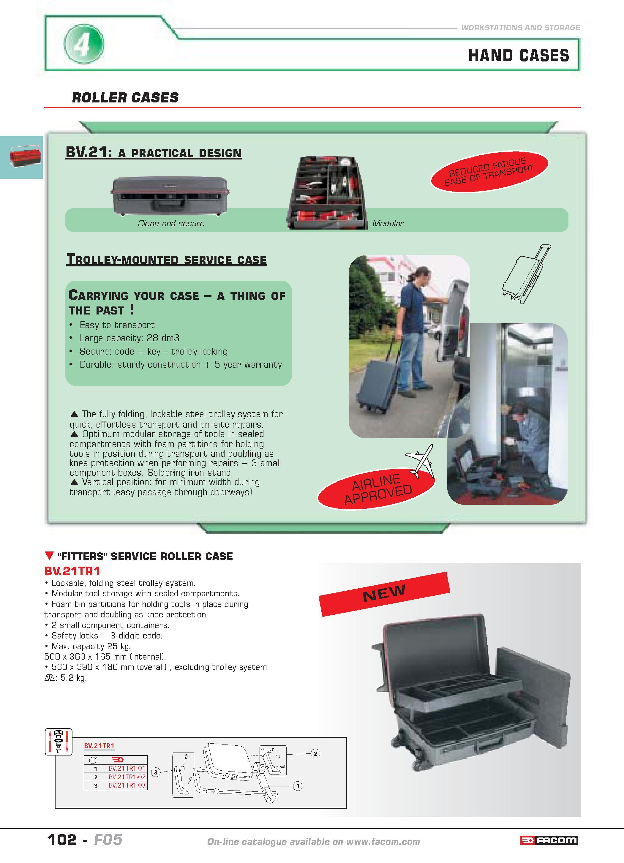 106 HAND CASES ROLLER CASES V BV 21 A PRACTICAL DESIGN Clean and secure Trolley-mounted service case Carrying your case a thing of THE PAST Easy to t Каталог FACOM 2005 Профессиональный ручной инструмент и специальное оборудование для предприятий и мастерских Стр. 102 ENG