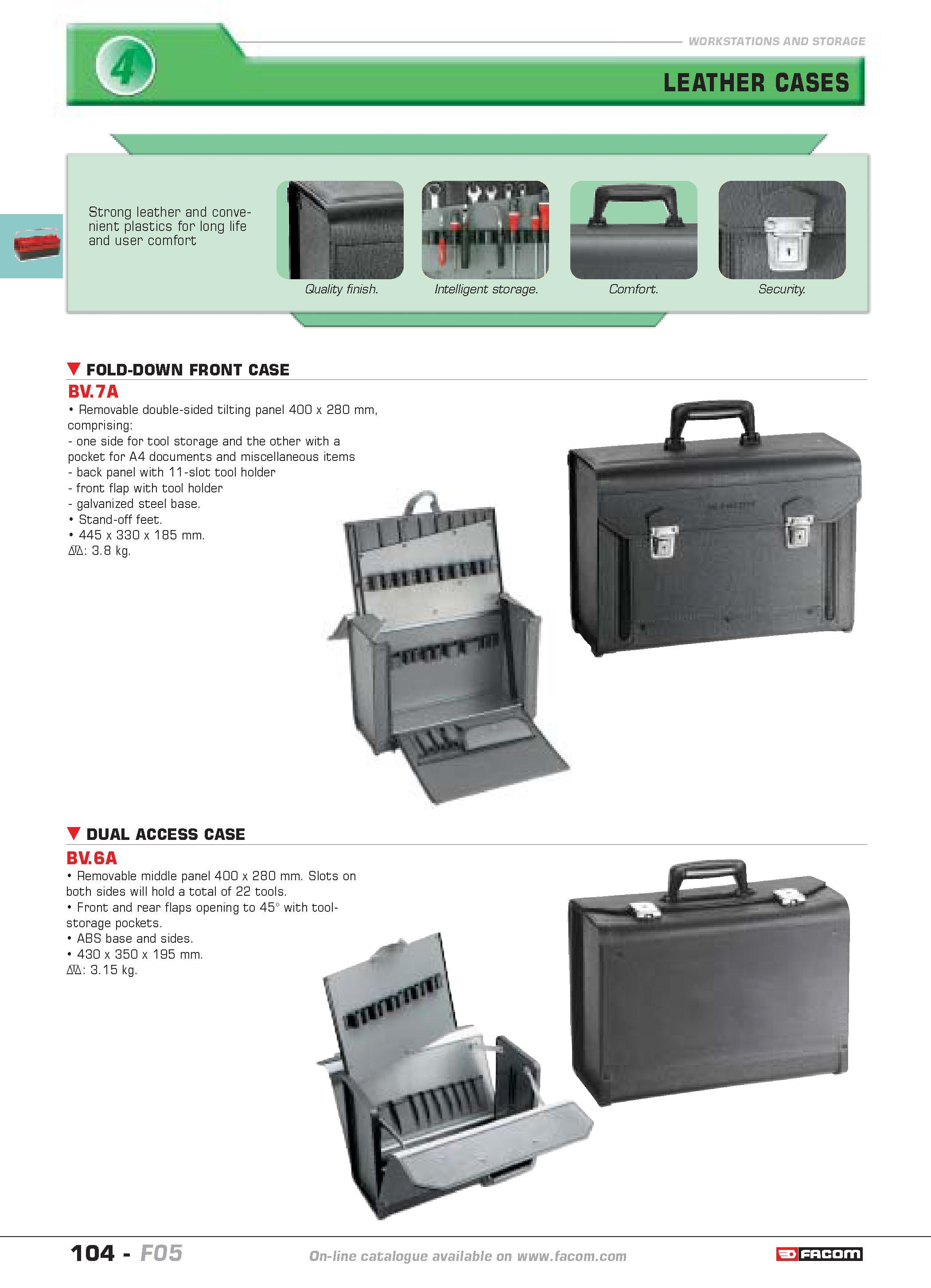 108 WORKSTAT ONS AND STORAGE LEATHER CASES FOLD-DOWN FRONT CASE BV 7A Removable double-sided tilting panel 400 x 280 mm comprising one side for tool Каталог FACOM 2005 Профессиональный ручной инструмент и специальное оборудование для предприятий и мастерских Стр. 104 ENG