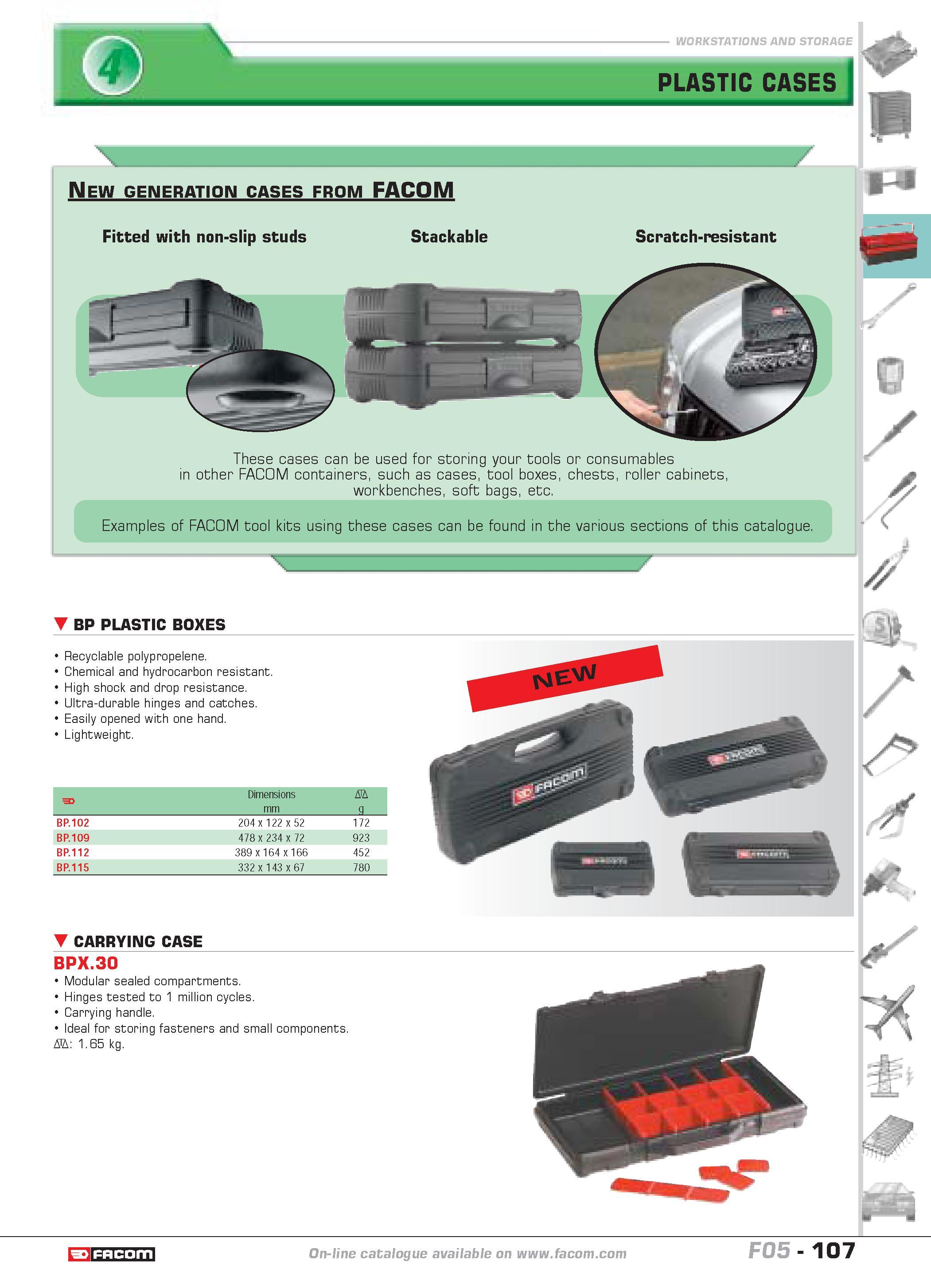 111 WORKSTAT ONS AND STORAGE PLASTIC CASES New generation cases from FACOM Fitted with non-slip studs Stackable Scratch-resistant These cases can be Каталог FACOM 2005 Профессиональный ручной инструмент и специальное оборудование для предприятий и мастерских Стр. 107 ENG
