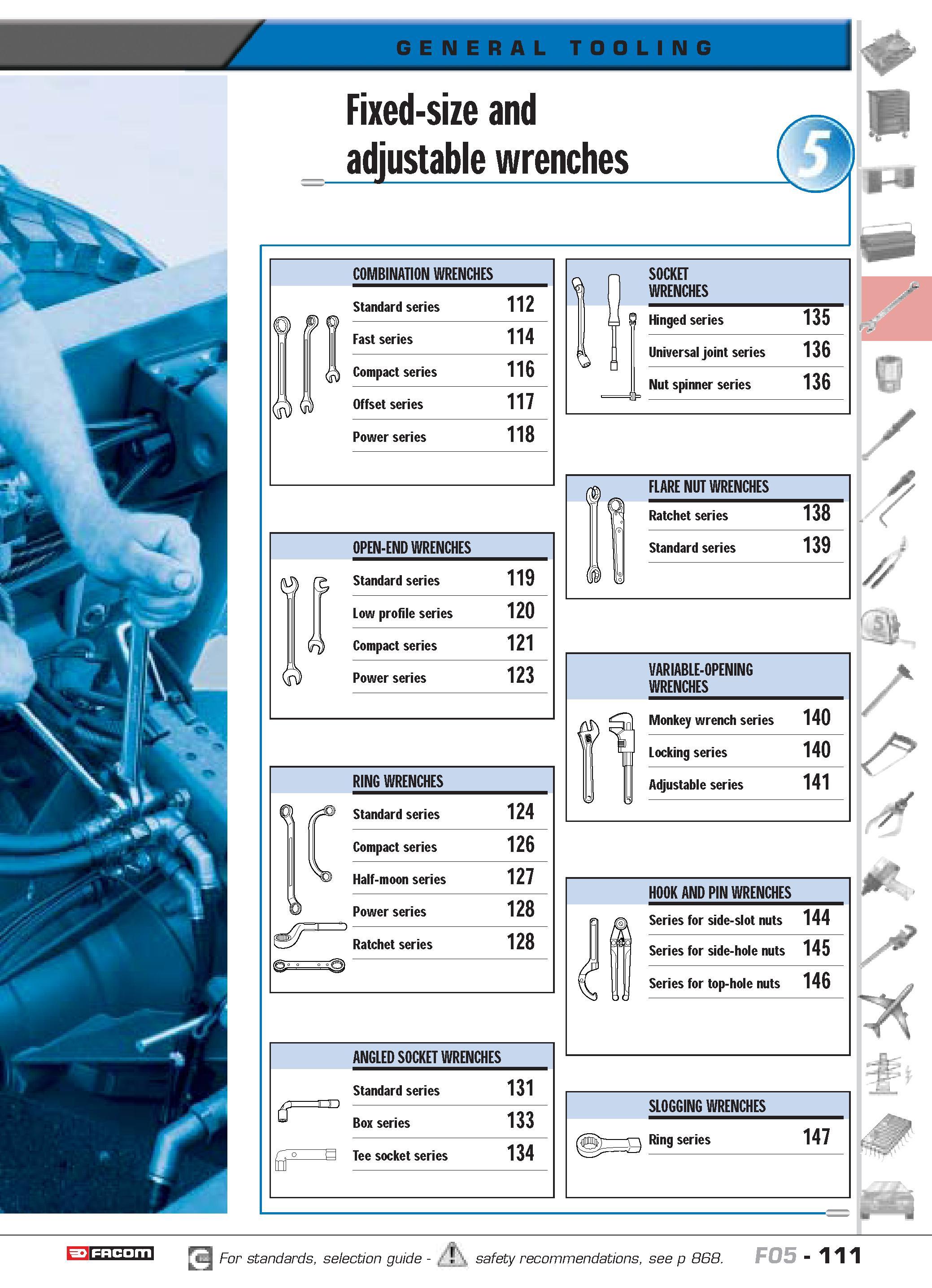 115 Fixed-size and adjustable wrenches COMBINATION WRENCHES IS Standard series 112 Fast series 114 Compact series 116 Offset series 117 Power series Каталог FACOM 2005 Профессиональный ручной инструмент и специальное оборудование для предприятий и мастерских Стр. 111 ENG