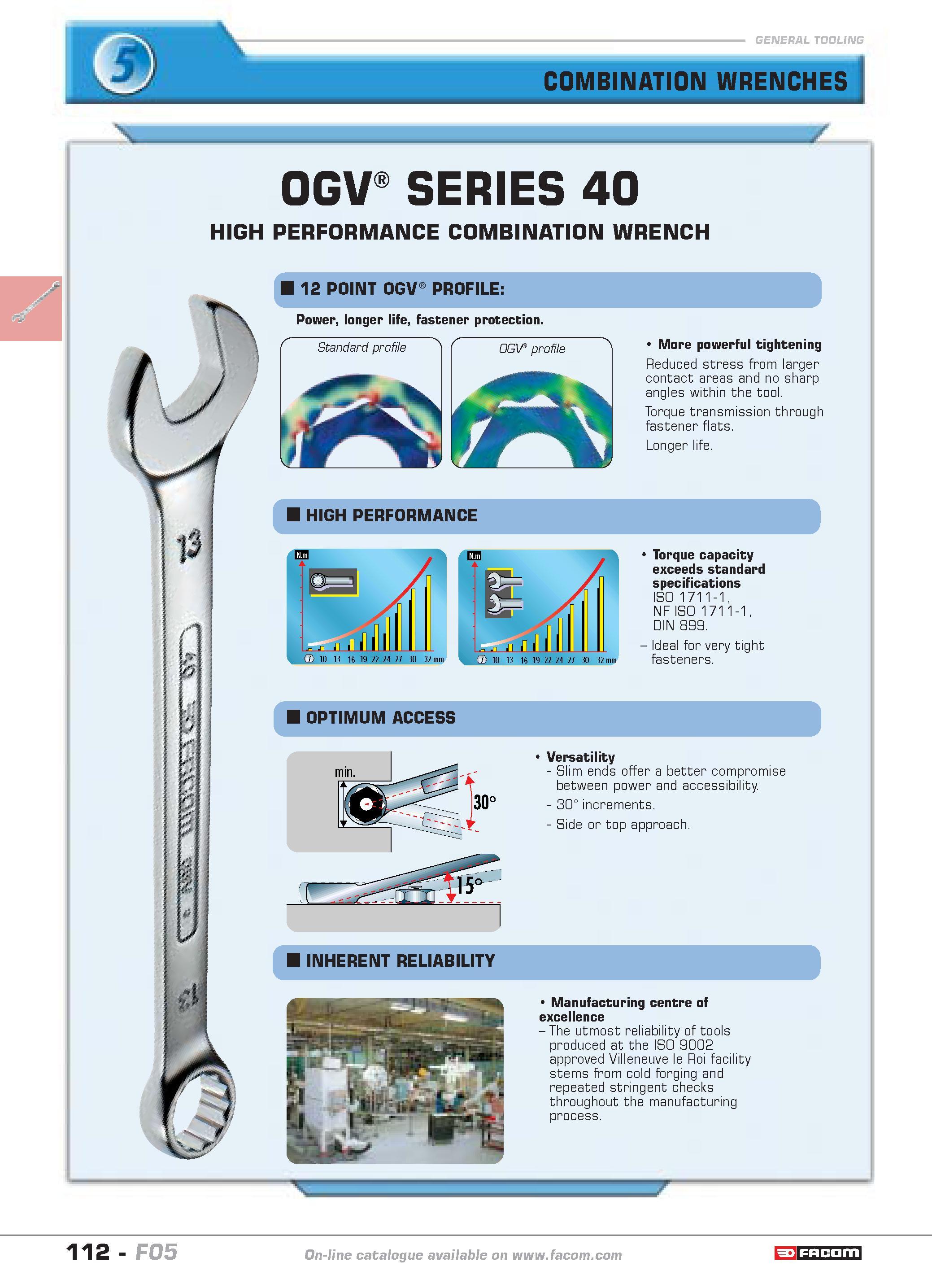 116 COMBINATION WRENCHES OGV SERIES 40 HIGH PERFORMANCE COMBINATION WRENCH 12 POINT OGV PROFILE More powerful tightening Reduced stress from larger c Каталог FACOM 2005 Профессиональный ручной инструмент и специальное оборудование для предприятий и мастерских Стр. 112 ENG