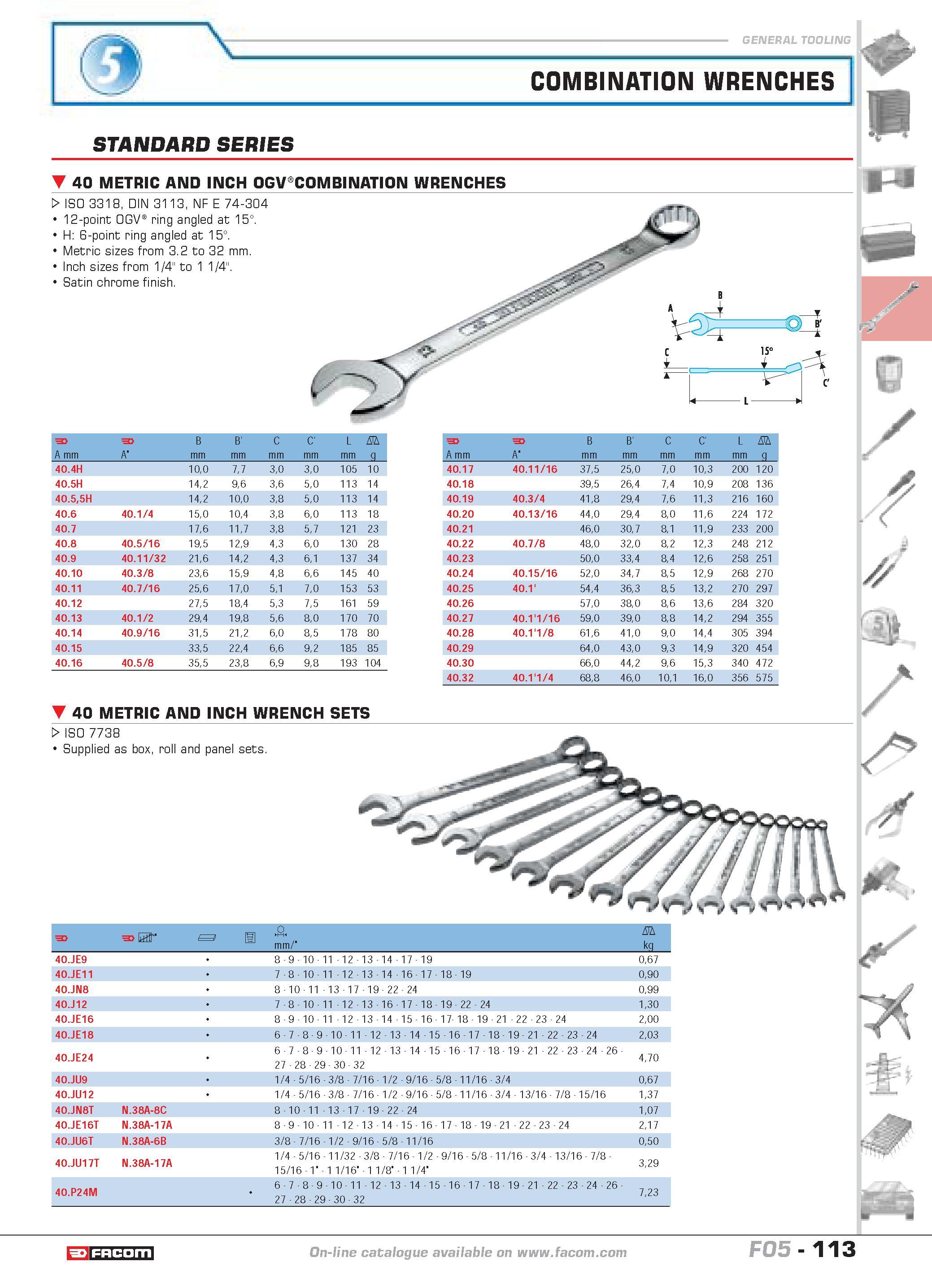 117 COMBINATION WRENCHES W1 p M STANDARD SERIES 40 METRIC AND INCH OGV COMBINATION WRENCHES W ISO 3318 DIN 3113 NF E 74-304 12-point OGV ring angled Каталог FACOM 2005 Профессиональный ручной инструмент и специальное оборудование для предприятий и мастерских Стр. 113 ENG