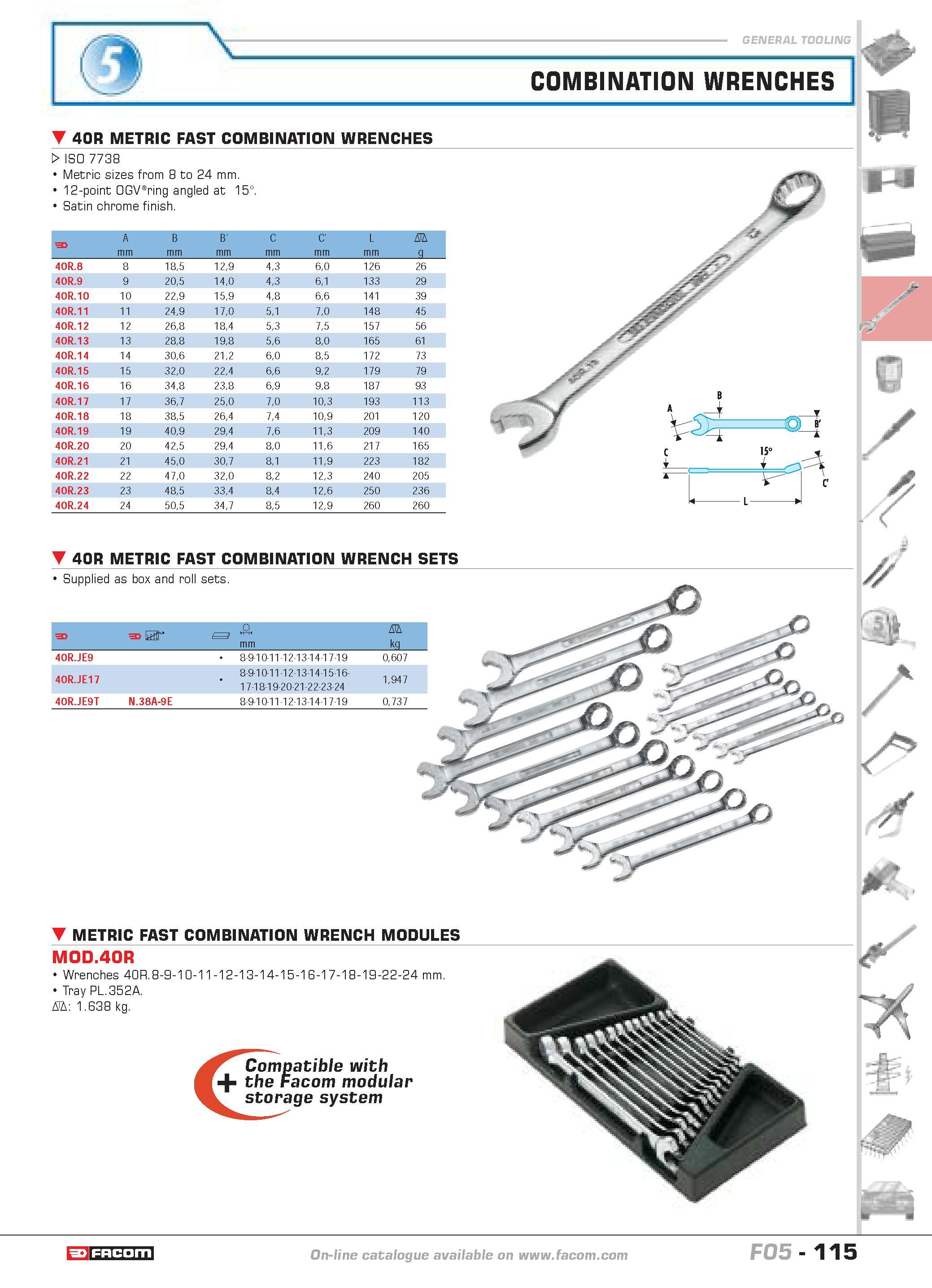 119 COMBINATION WRENCHES Ip 40R METRIC FAST COMBINATION WRENCHES W ISO 7738 Metric sizes from 8 to 24 mm 12-point OGV ring angled at 15 Satin chrome Каталог FACOM 2005 Профессиональный ручной инструмент и специальное оборудование для предприятий и мастерских Стр. 115 ENG