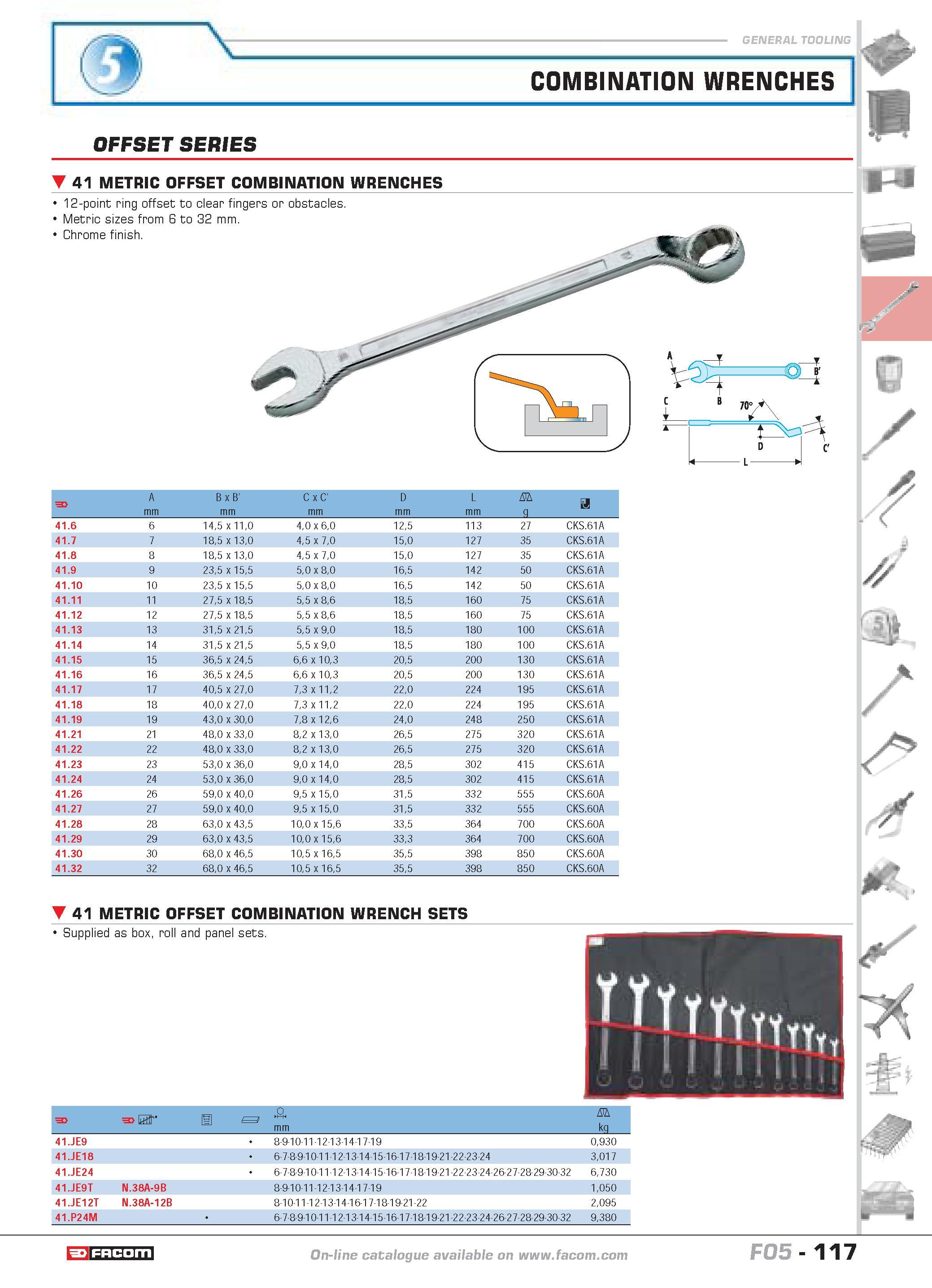 121 COMBINATION WRENCHES OFFSET SERIES 41 METRIC OFFSET COMBINATION WRENCHES 12-point ring offset to clear fingers or obstacles Metric sizes from 6 t Каталог FACOM 2005 Профессиональный ручной инструмент и специальное оборудование для предприятий и мастерских Стр. 117 ENG