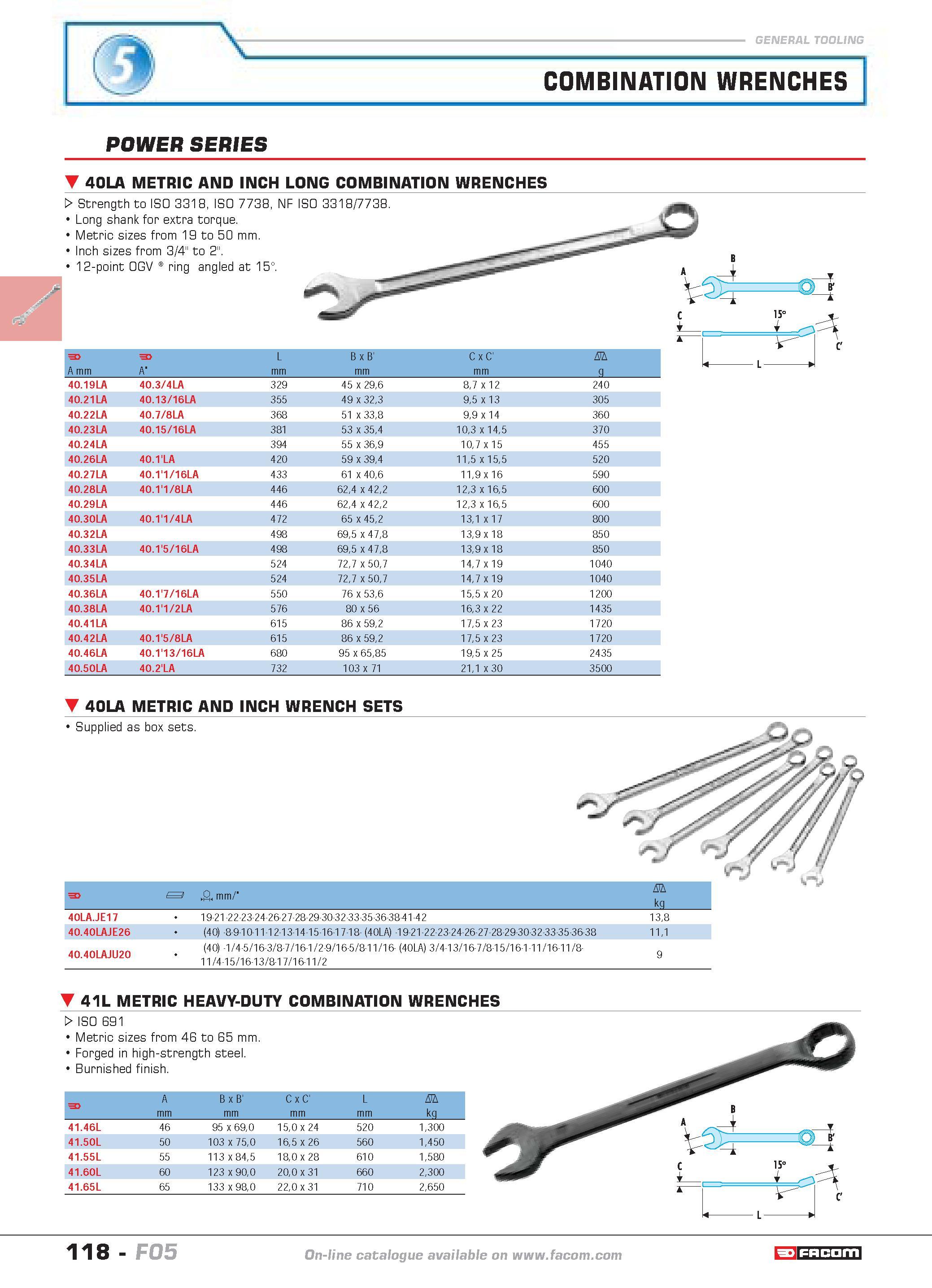 122 COMBINATION WRENCHES POWER SERIES 40LA METRIC AND INCH LONG COMBINATION WRENCHES W Strength to ISO 3318 ISO 7738 NF ISO 3318 7738 Long shank for Каталог FACOM 2005 Профессиональный ручной инструмент и специальное оборудование для предприятий и мастерских Стр. 118 ENG