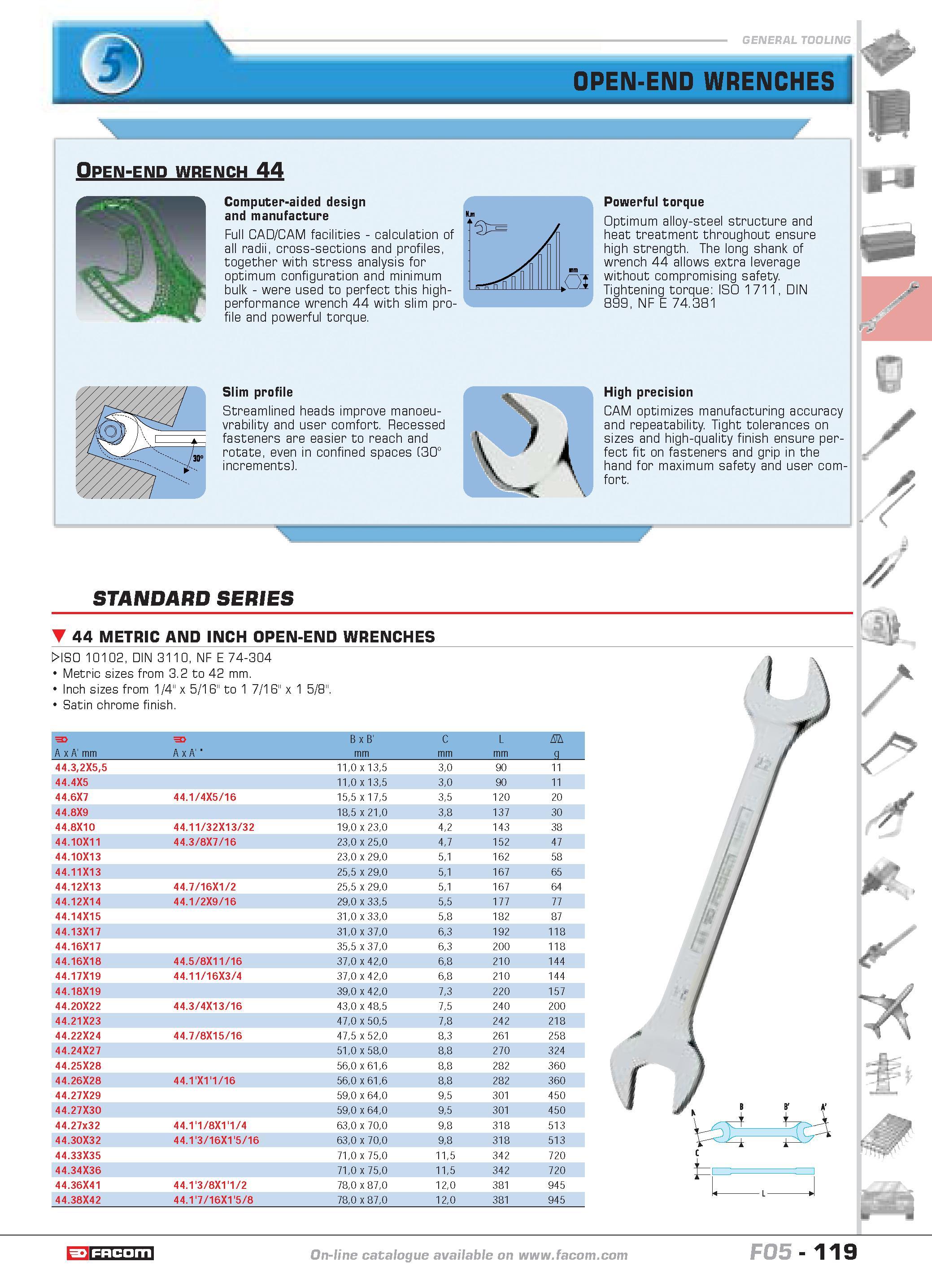 123 OPEN-END WRENCHES Open-end wrench 44 Computer-aided design and manufacture Full CAD CAM facilities calculation of all radii cross-sections and pr Каталог FACOM 2005 Профессиональный ручной инструмент и специальное оборудование для предприятий и мастерских Стр. 119 ENG