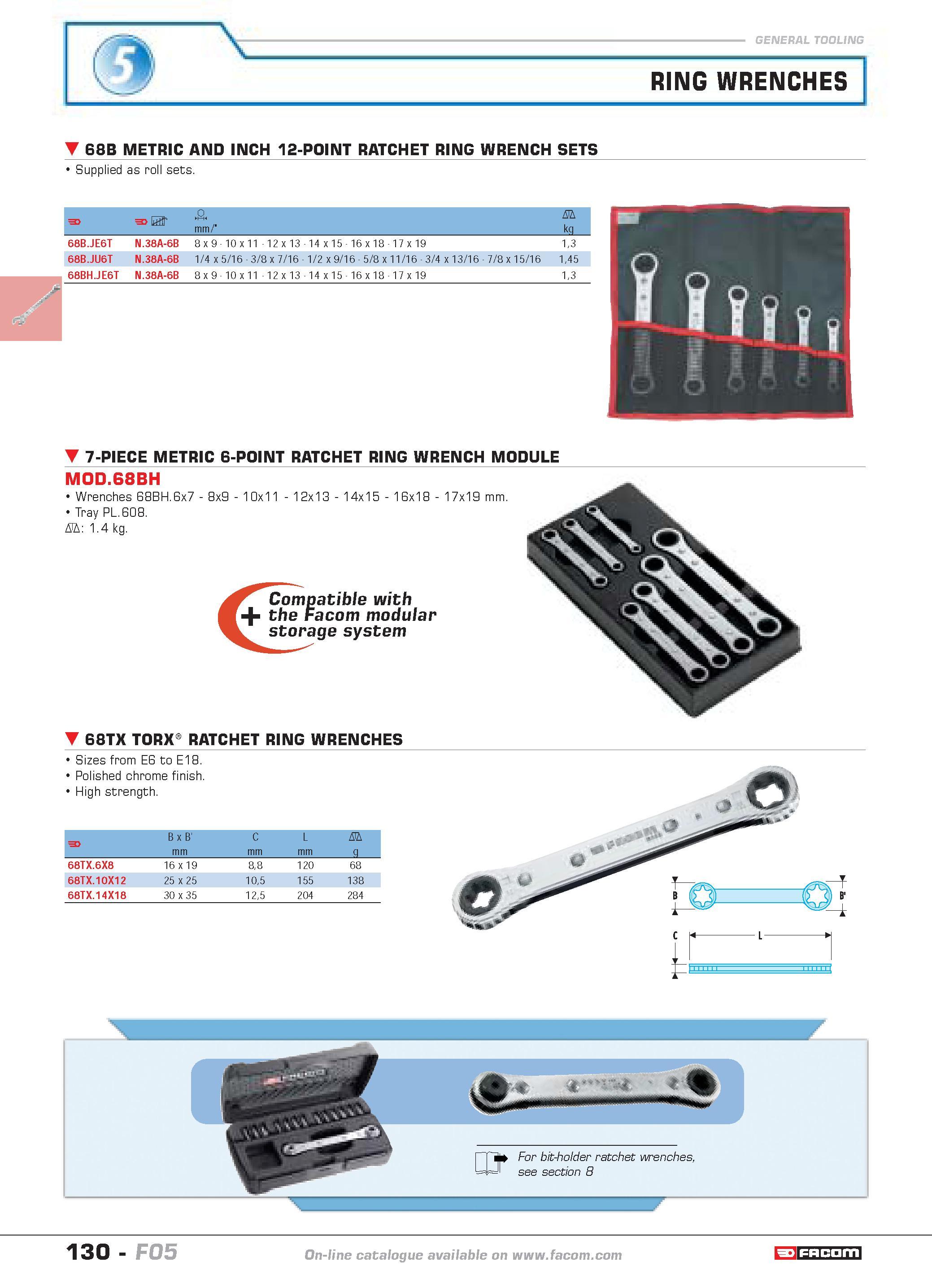 134 9 RING WRENCHES f- f fill 68B METRIC AND INCH 12-POINT RATCHET RING WRENCH SETS Supplied as roll sets F F U 3 mm D kq 68B JE6T N 38A-6B 8 x 9 10 Каталог FACOM 2005 Профессиональный ручной инструмент и специальное оборудование для предприятий и мастерских Стр. 130 ENG