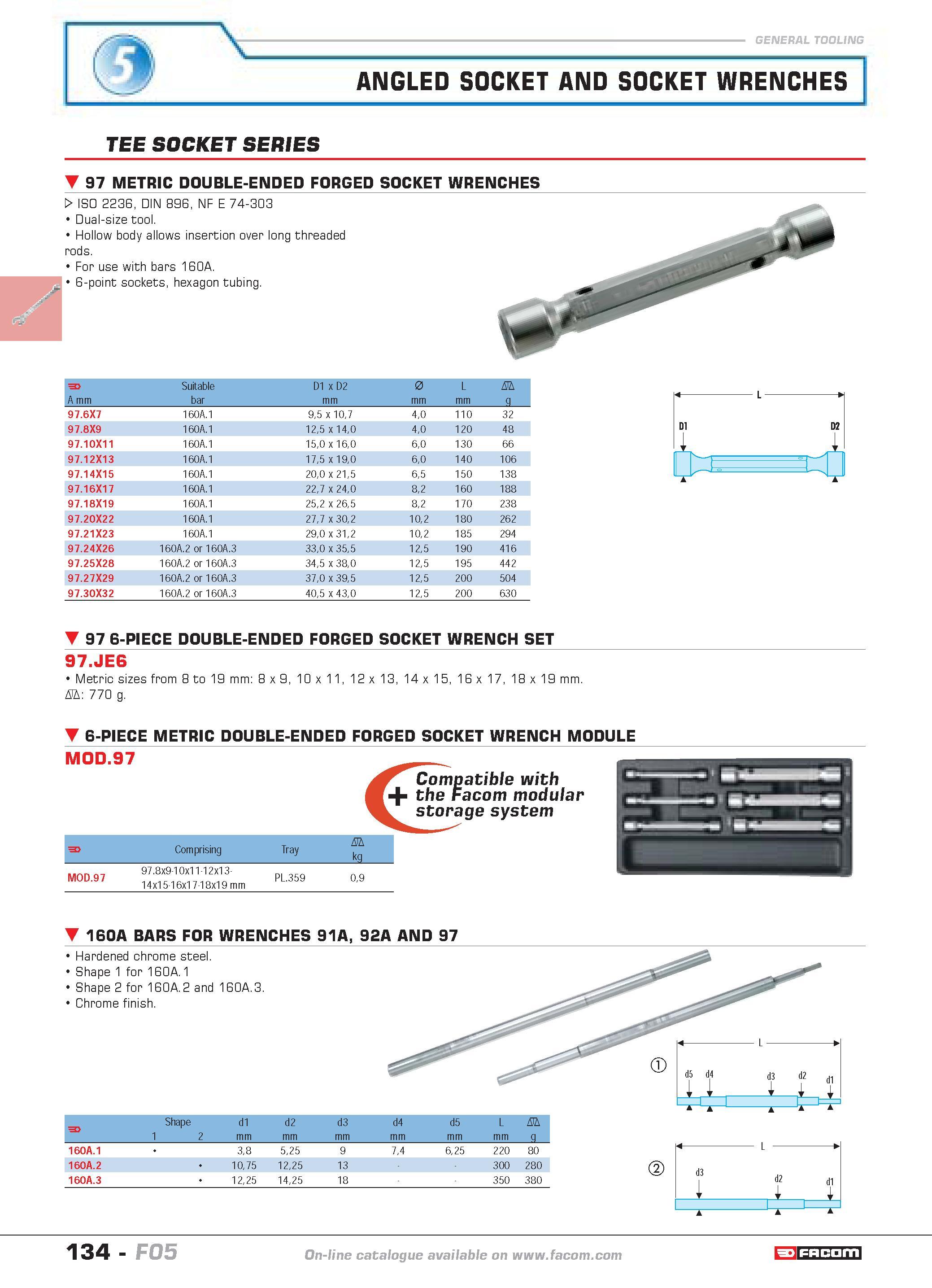 138 ANGLED SOCKET AND SOCKET WRENCHES TEE SOCKET SERIES 97 METRIC DOUBLE-ENDED FORGED SOCKET WRENCHES W ISO 2236 DIN 896 NF E 74-303 Dual-size tool H Каталог FACOM 2005 Профессиональный ручной инструмент и специальное оборудование для предприятий и мастерских Стр. 134 ENG
