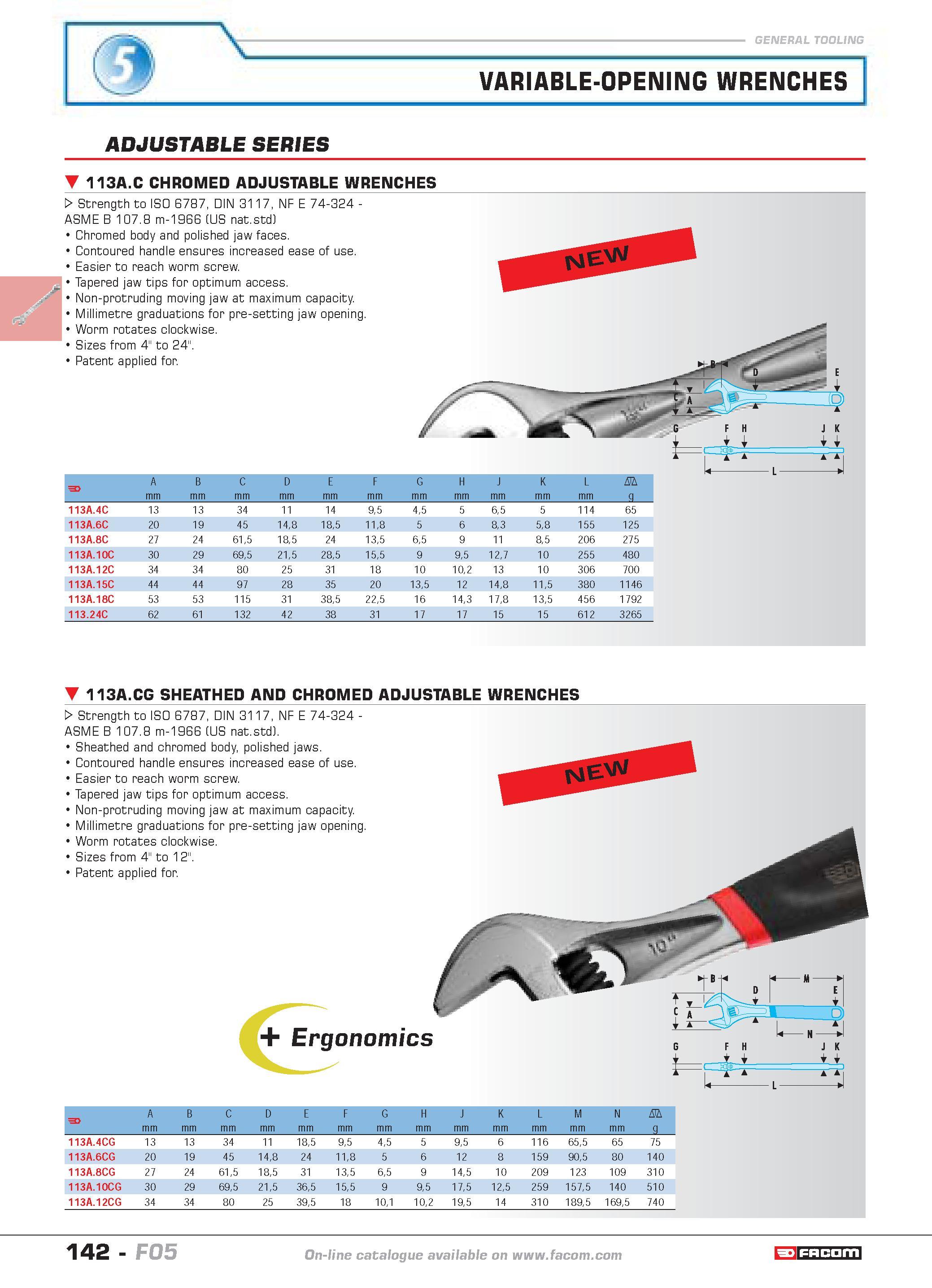146 VARIABLE-OPENING WRENCHES ADJUSTABLE SERIES 113A C CHROMED ADJUSTABLE WRENCHES W Strength to ISO 6787 DIN 3117 NF E 74-324 -ASME B 107 8 m-1966 ( Каталог FACOM 2005 Профессиональный ручной инструмент и специальное оборудование для предприятий и мастерских Стр. 142 ENG