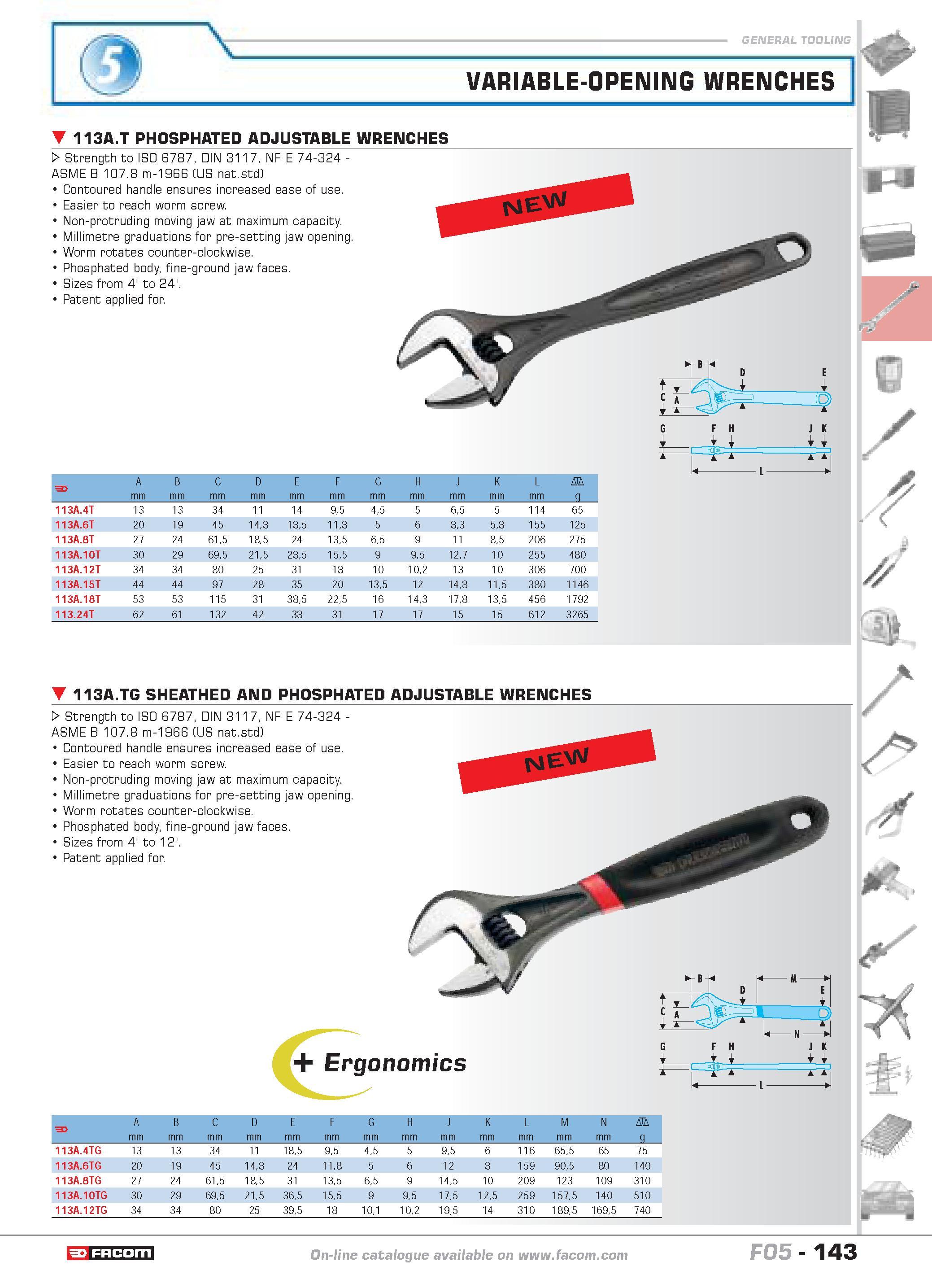 147 VARIABLE-OPENING WRENCHES ll 113A T PHOSPHATED ADJUSTABLE WRENCHES W Strength to ISO 6787 DIN 3117 NF E 74-324 -ASME B 107 8 m-1966 (US nat std C Каталог FACOM 2005 Профессиональный ручной инструмент и специальное оборудование для предприятий и мастерских Стр. 143 ENG