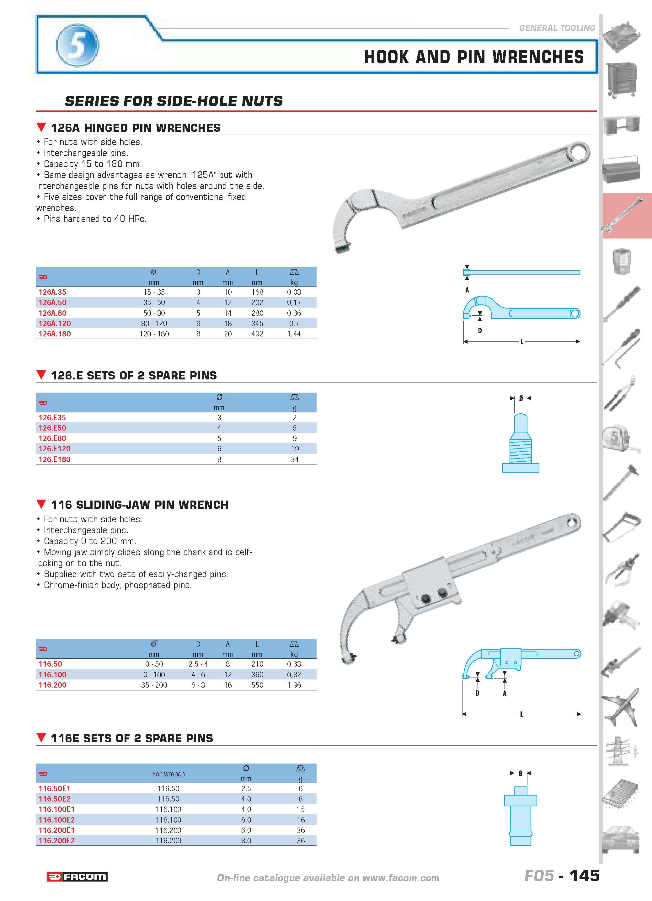 149 HOOK AND PIN WRENCHES SERIES FOR SIDE-HOLE NUTS 126A HINGED PIN WRENCHES For nuts with side holes Interchangeable pins Capacity 15 to 180 mm Same Каталог FACOM 2005 Профессиональный ручной инструмент и специальное оборудование для предприятий и мастерских Стр. 145 ENG