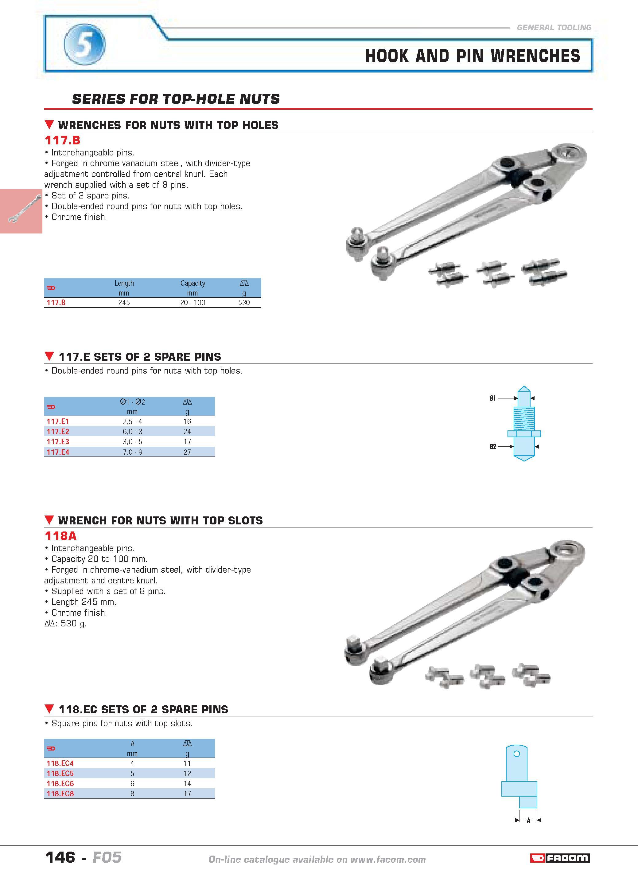 150 HOOK AND PIN WRENCHES SERIES FOR TOP-HOLE NUTS WRENCHES FOR NUTS WITH TOP HOLES 117 B Interchangeable pins Forged in chrome vanadium steel with d Каталог FACOM 2005 Профессиональный ручной инструмент и специальное оборудование для предприятий и мастерских Стр. 146 ENG