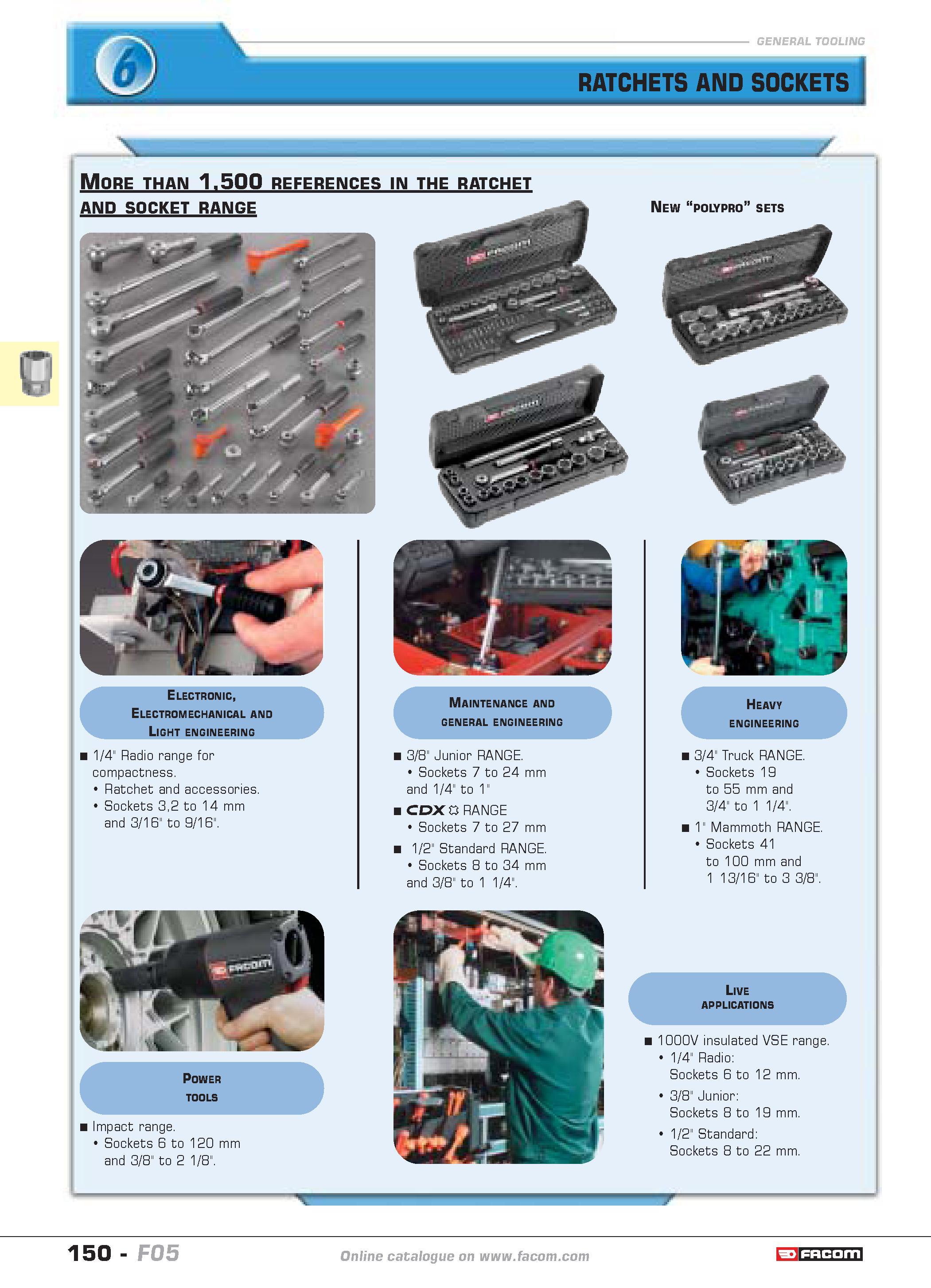 154 More than 1500 references in the ratchet AND SOCKET RANGE Electronic Electromechanical and Light engineering 1/4 Radio range for compactness Ratc Каталог FACOM 2005 Профессиональный ручной инструмент и специальное оборудование для предприятий и мастерских Стр. 150 ENG