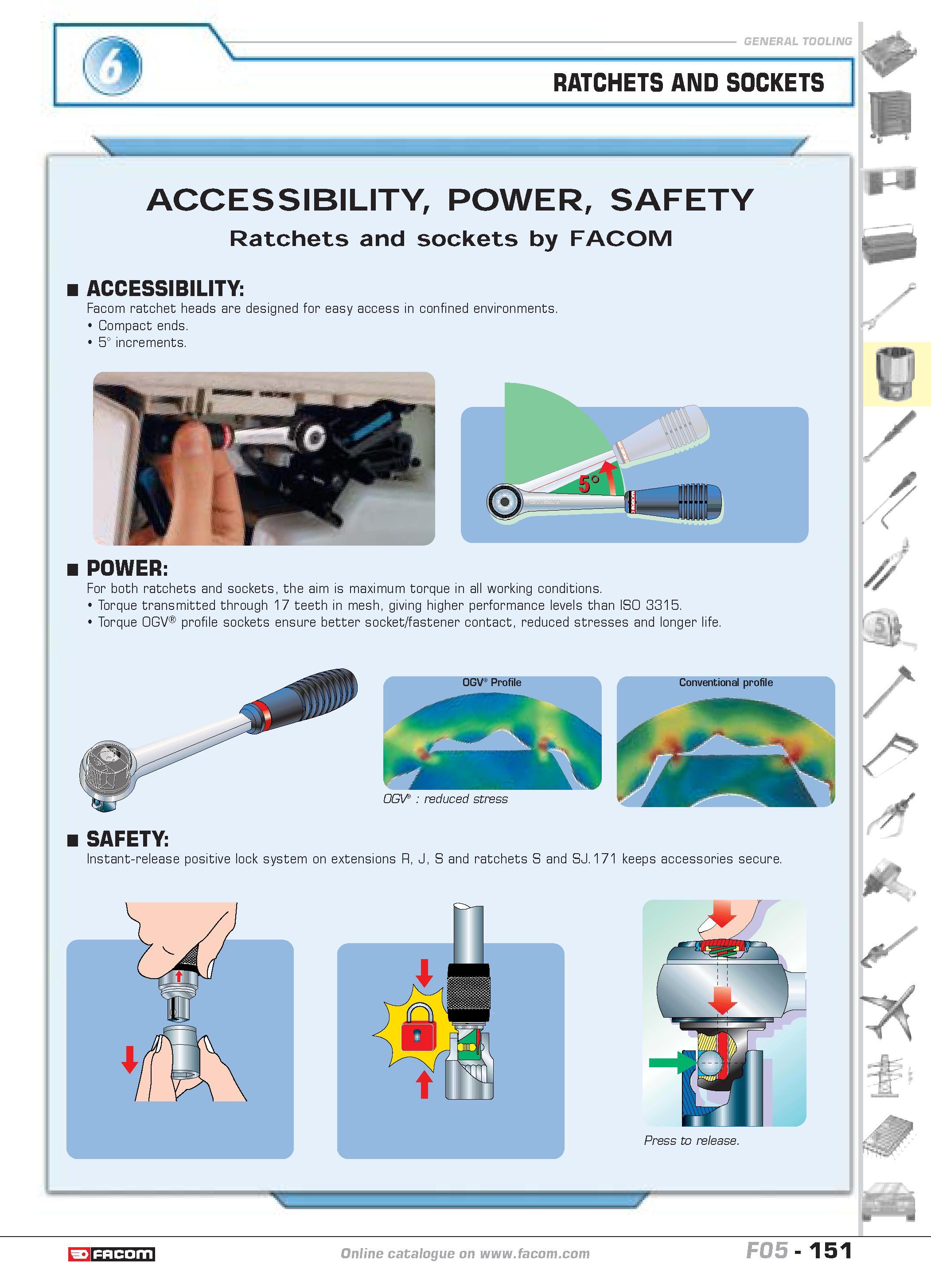 155 RATCHETS AND SOCKETS ACCESSIBILITY POWER SAFETY Ratchets and sockets by FACOM ACCESSIBILITY Facom ratchet heads are designed for easy access in c Каталог FACOM 2005 Профессиональный ручной инструмент и специальное оборудование для предприятий и мастерских Стр. 151 ENG