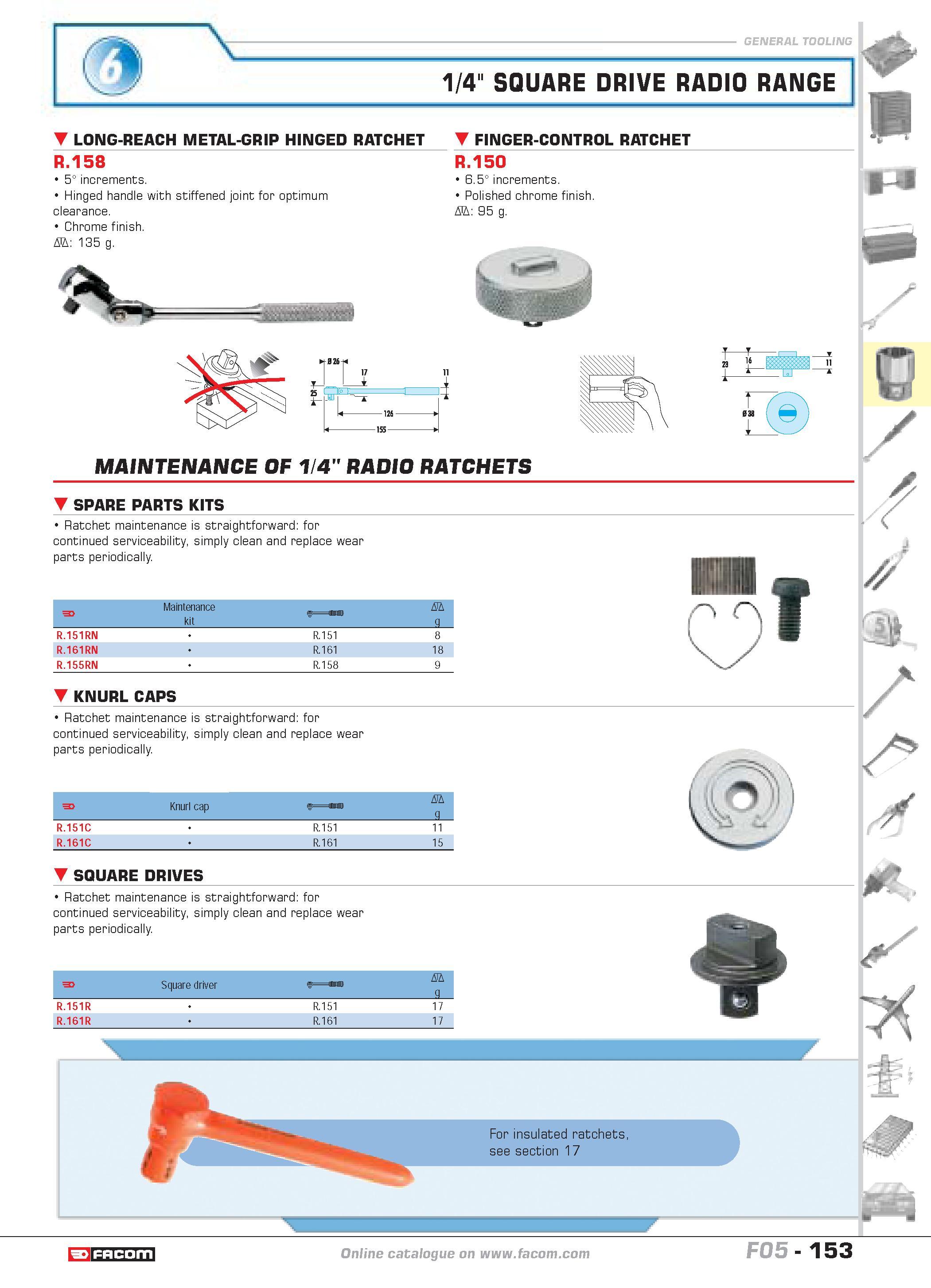 157 1/4 SQUARE DRIVE RADIO RANGE LONG-REACH METAL-GRIP HINGED RATCHET FINGER-CONTROL RATCHET R 158 5 increments Hinged handle with stiffened joint fo Каталог FACOM 2005 Профессиональный ручной инструмент и специальное оборудование для предприятий и мастерских Стр. 153 ENG