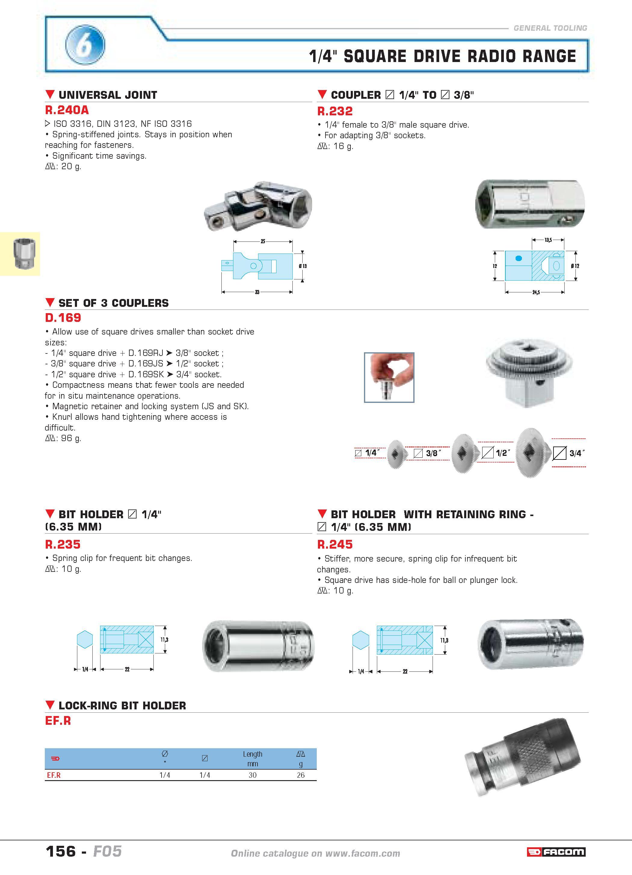 160 1/4 SQUARE DRIVE RADIO RANGE UNIVERSAL JOINT COUPLER L 1/4 TO L 3/8 R 240A W ISO 3316 DIN 3123 NF ISO 3316 Spring-stiffened joints Stays in posit Каталог FACOM 2005 Профессиональный ручной инструмент и специальное оборудование для предприятий и мастерских Стр. 156 ENG