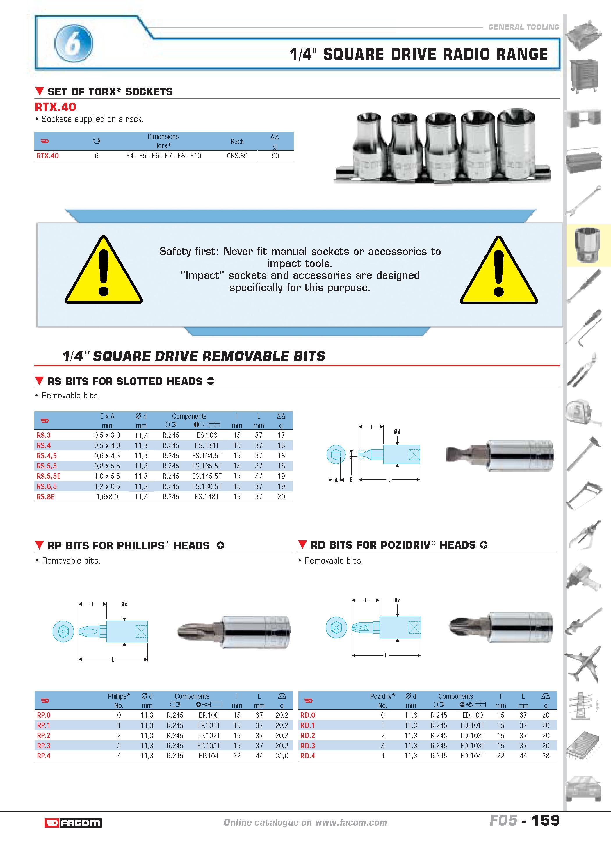 163 1/4 SQUARE DRIVE RADIO RANGE SET OF TORX0 SOCKETS RTX 40 Sockets supplied on a rack F O Dimensions TorxJ Rack D g RTX 40 6 E4 E5 E6 E7 E8 E10 CKS Каталог FACOM 2005 Профессиональный ручной инструмент и специальное оборудование для предприятий и мастерских Стр. 159 ENG