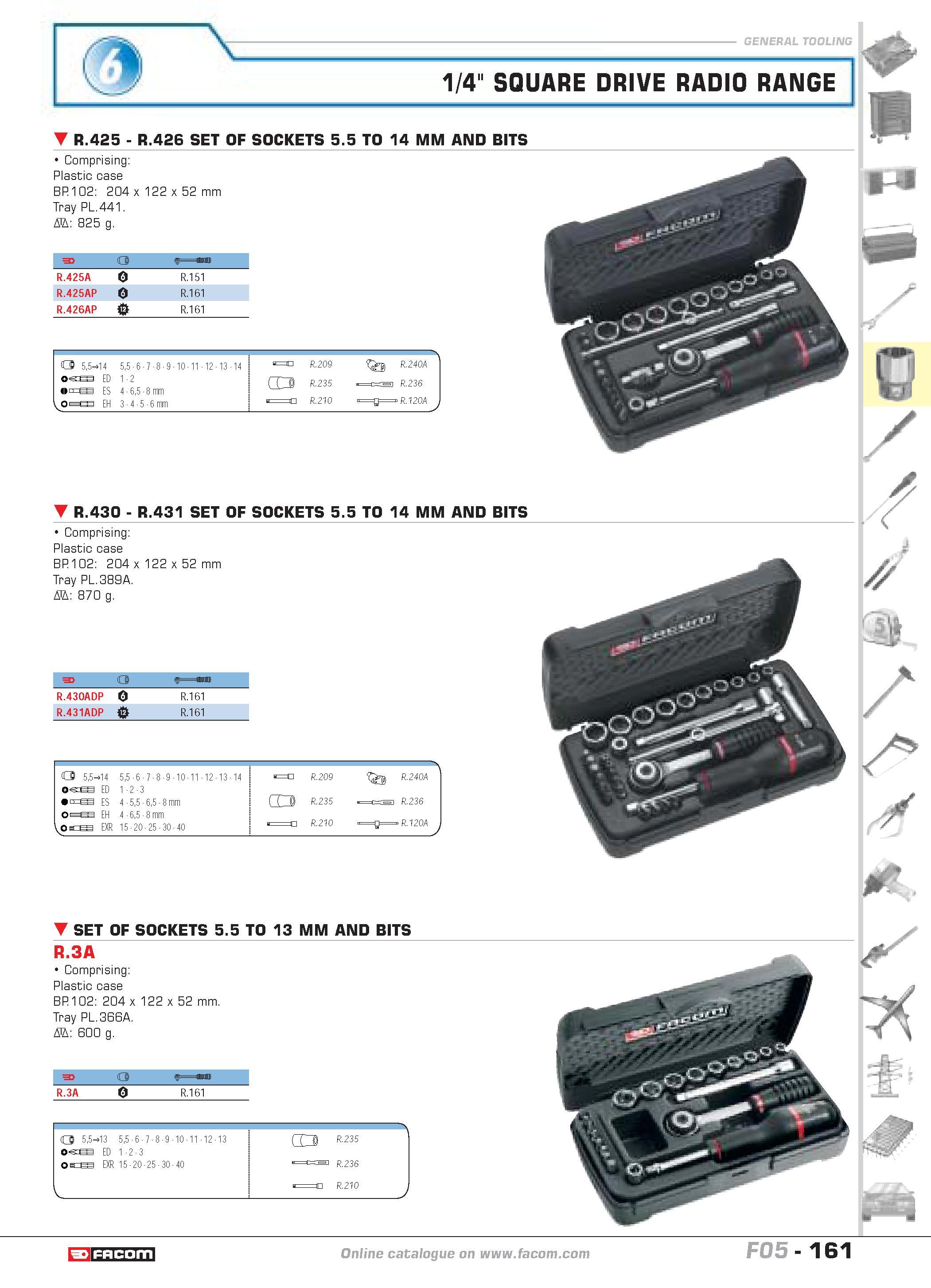 165 1/4 SQUARE DRIVE RADIO RANGE R 425 R 426 SET OF SOCKETS 5 5 TO 14 MM AND BITS Comprising Plastic case BP 102 0 2 m m 2 5 2 2 Tray PL 441 5 2 8 g Каталог FACOM 2005 Профессиональный ручной инструмент и специальное оборудование для предприятий и мастерских Стр. 161 ENG