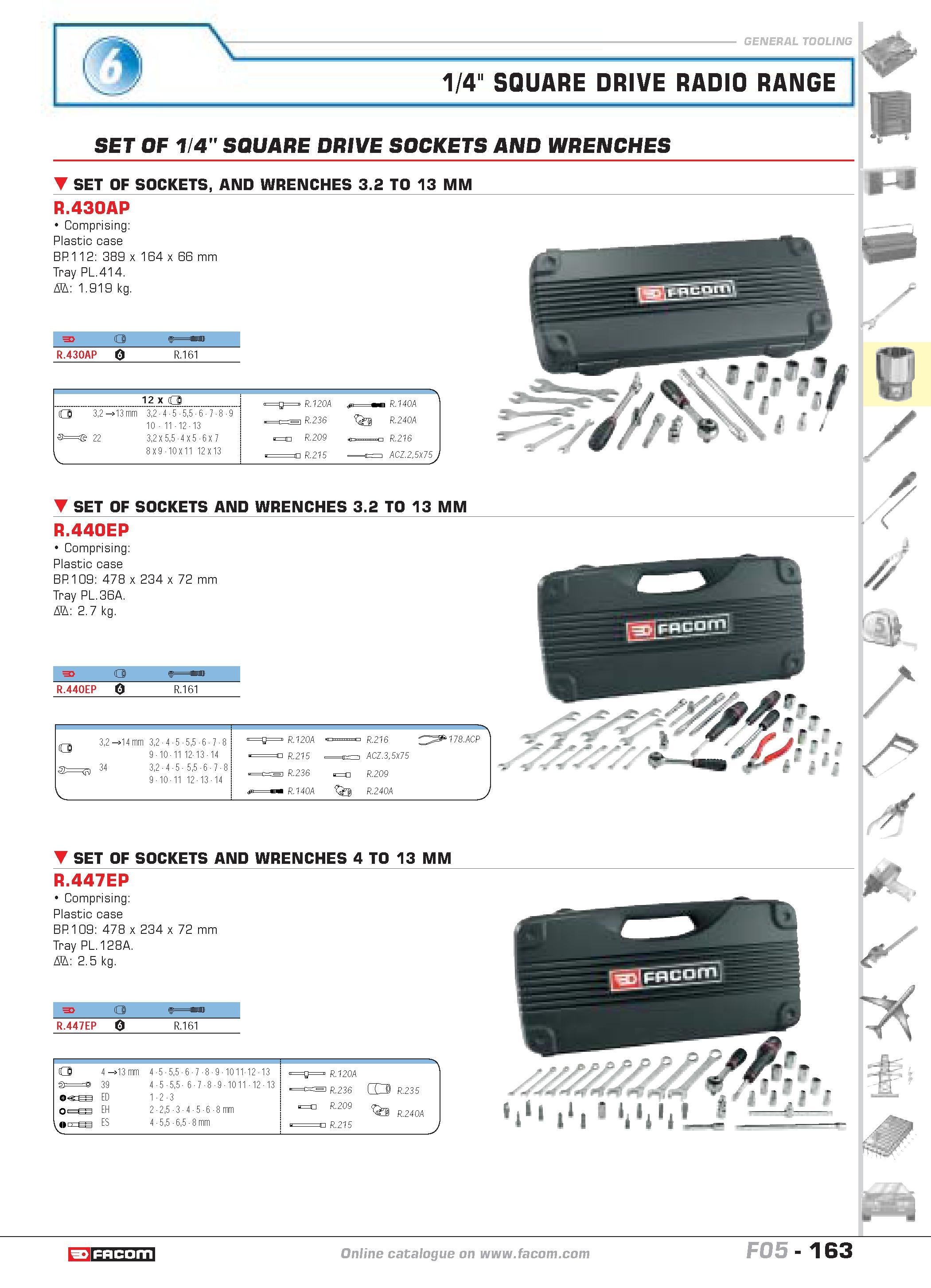 167 1/4 SQUARE DRIVE RADIO RANGE SET OF 1 4 SQUARE DRIVE SOCKETS AND WRENCHES SET OF SOCKETS AND WRENCHES 3 2 TO 13 MM R 430AP Comprising Plastic cas Каталог FACOM 2005 Профессиональный ручной инструмент и специальное оборудование для предприятий и мастерских Стр. 163 ENG