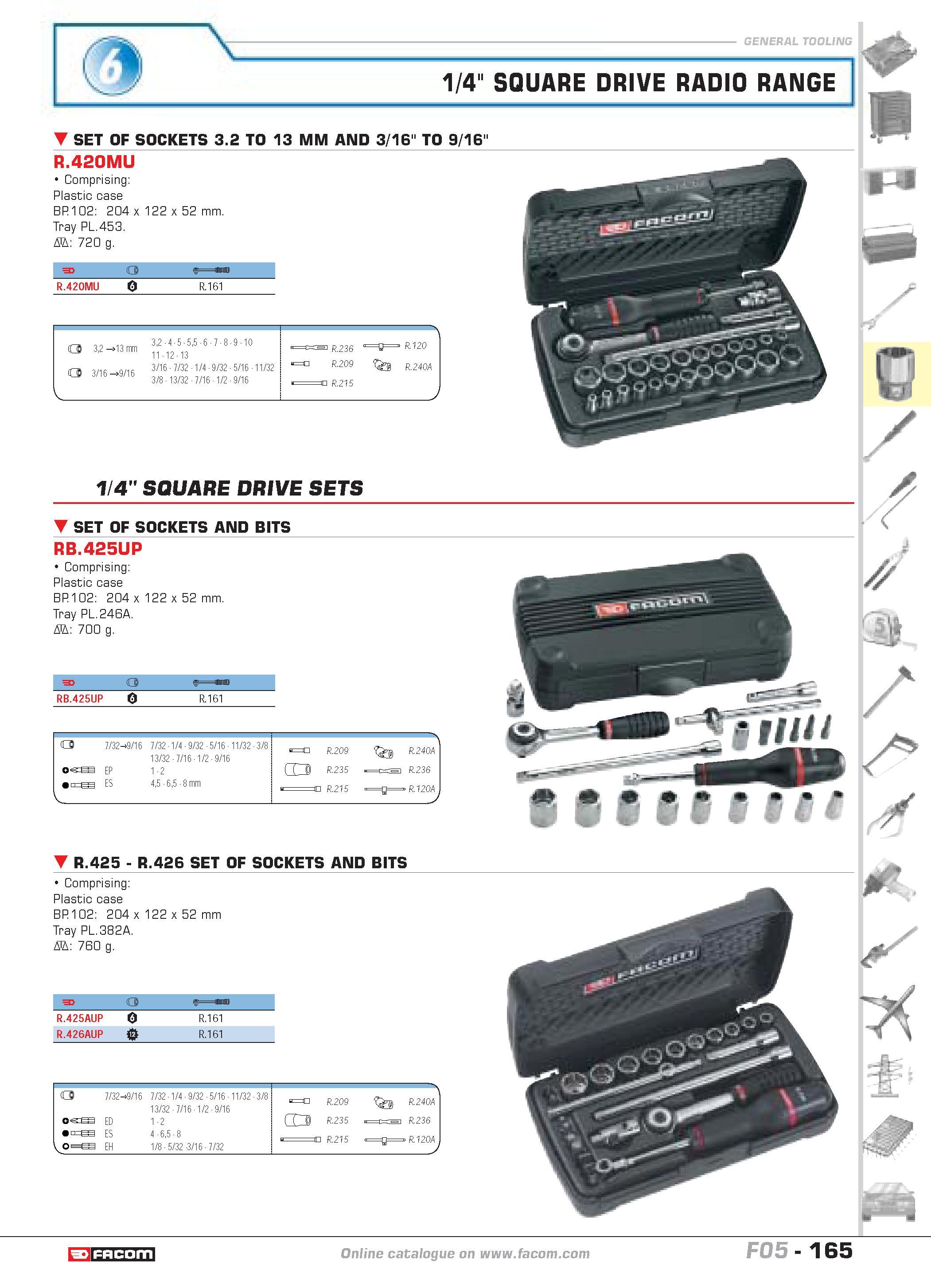 169 1/4 SQUARE DRIVE RADIO RANGE SET OF SOCKETS 3 2 TO 13 MM AND 3 16 TO 9 16 R 420MU Comprising Plastic case BP 102 204 x 122 x 52 mm Tray PL 453 D Каталог FACOM 2005 Профессиональный ручной инструмент и специальное оборудование для предприятий и мастерских Стр. 165 ENG