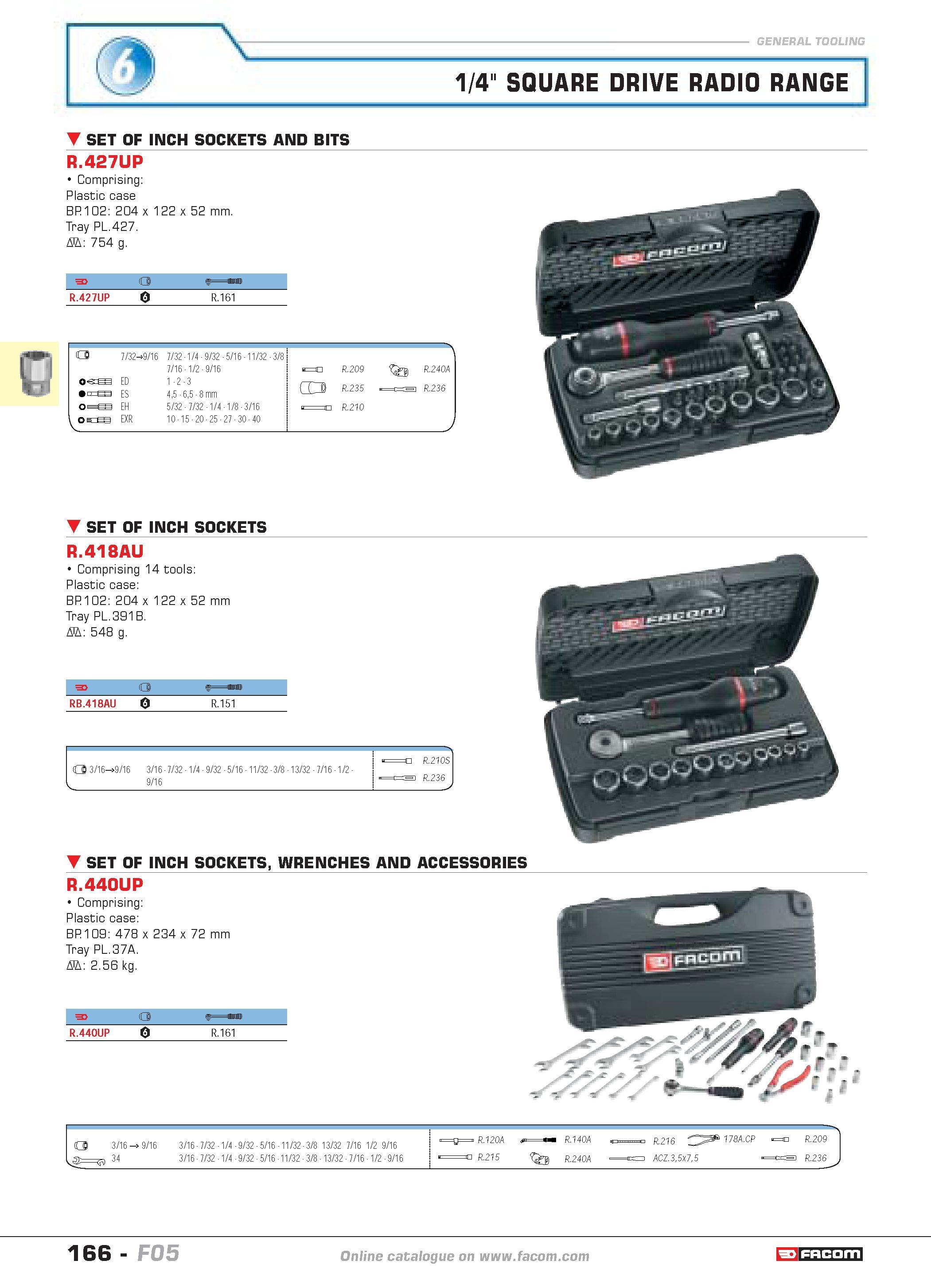 170 1/4 SQUARE DRIVE RADIO RANGE SET OF INCH SOCKETS AND BITS R 427UP Comprising Plastic case BP 102 204 x 122 x 52 mm Tray PL 427 D 754 g 3 F o R 42 Каталог FACOM 2005 Профессиональный ручной инструмент и специальное оборудование для предприятий и мастерских Стр. 166 ENG