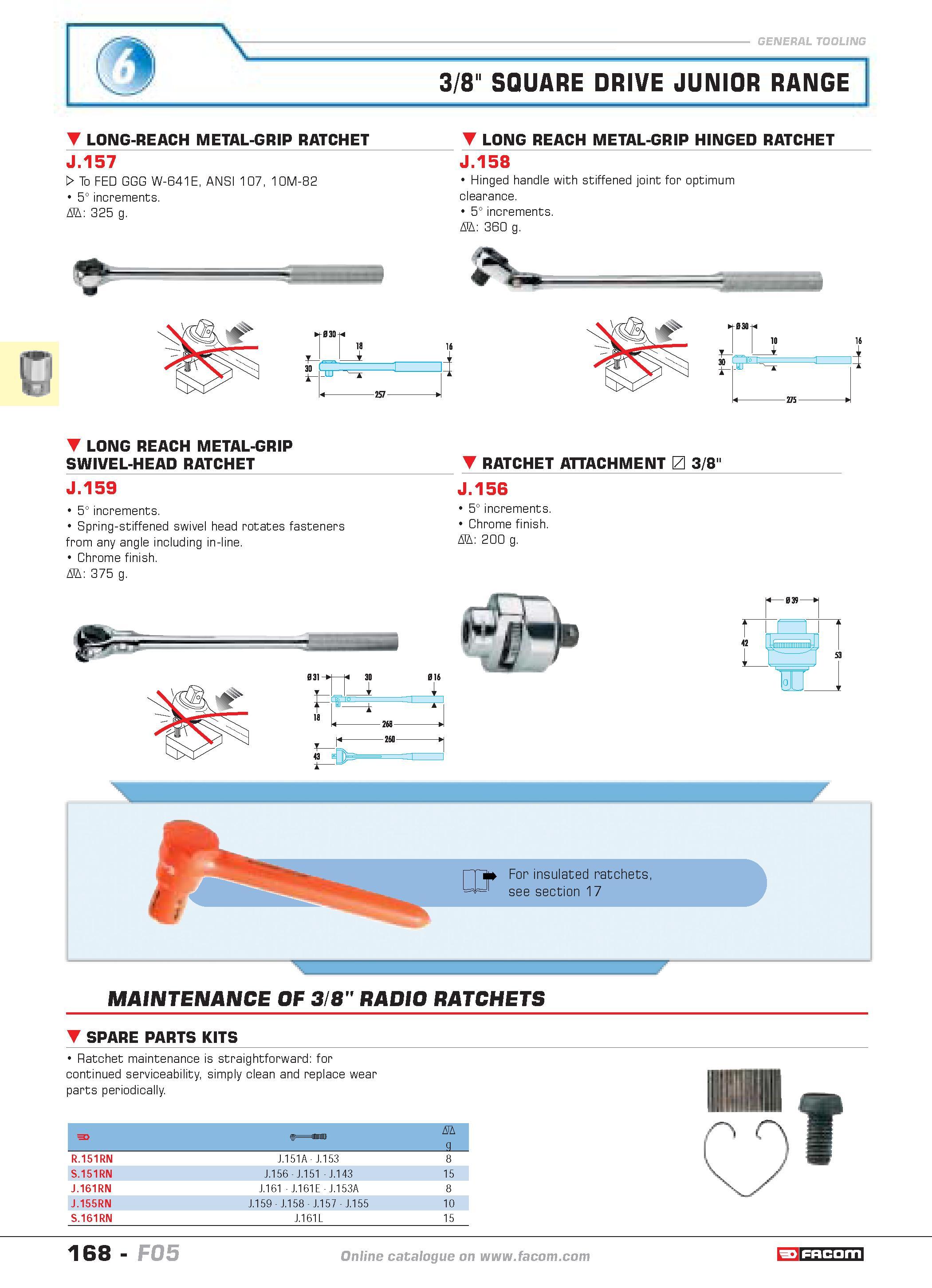 172 3/8 SQUARE DRIVE JUNIOR RANGE LONG-REACH METAL-GRIP RATCHET J 157 W To FED GGG W-641E ANSI 107 10M-82 5 increments D 325 g LONG REACH METAL-GRIP Каталог FACOM 2005 Профессиональный ручной инструмент и специальное оборудование для предприятий и мастерских Стр. 168 ENG