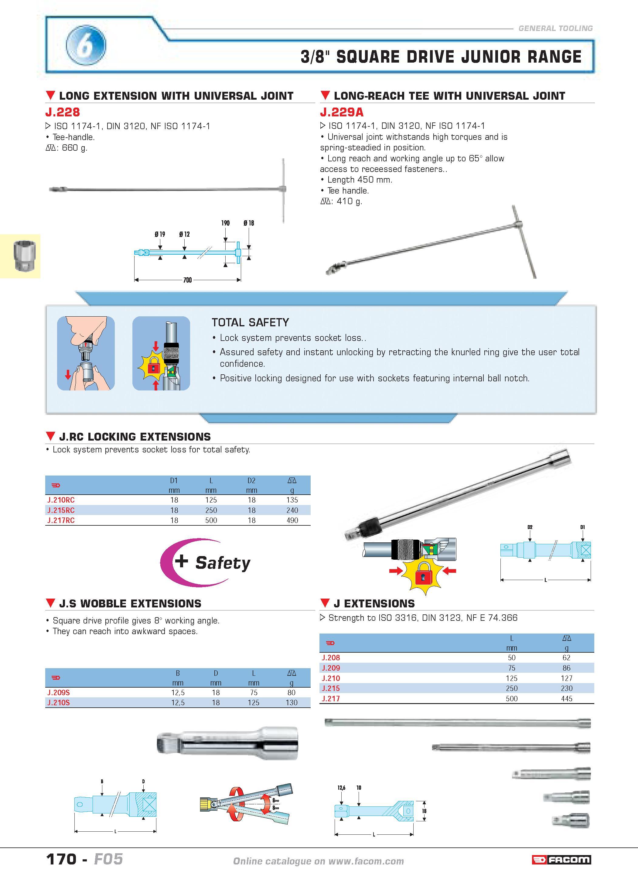 174 3/8 SQUARE DRIVE JUNIOR RANGE LONG EXTENSION WITH UNIVERSAL JOINT LONG-REACH TEE with UNIVERSAL JOINT J 228 W ISO 1174-1 DIN 3120 NF ISO 1174-1 T Каталог FACOM 2005 Профессиональный ручной инструмент и специальное оборудование для предприятий и мастерских Стр. 170 ENG