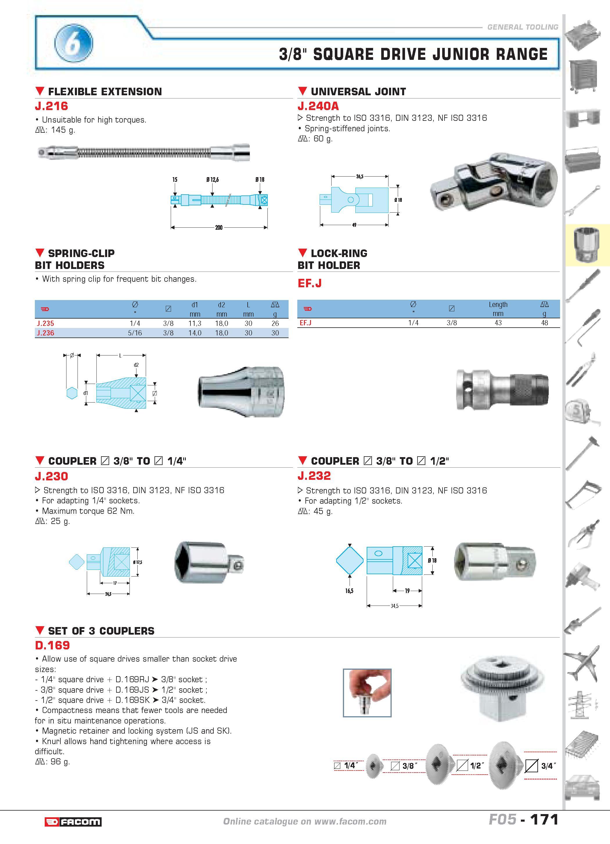 175 3/8 SQUARE DRIVE JUNIOR RANGE FLEXIBLE EXTENSION UNIVERSAL JOINT J 216 Unsuitable for high torques D 145 g J 240A W Strength to ISO 3316 DIN 3123 Каталог FACOM 2005 Профессиональный ручной инструмент и специальное оборудование для предприятий и мастерских Стр. 171 ENG
