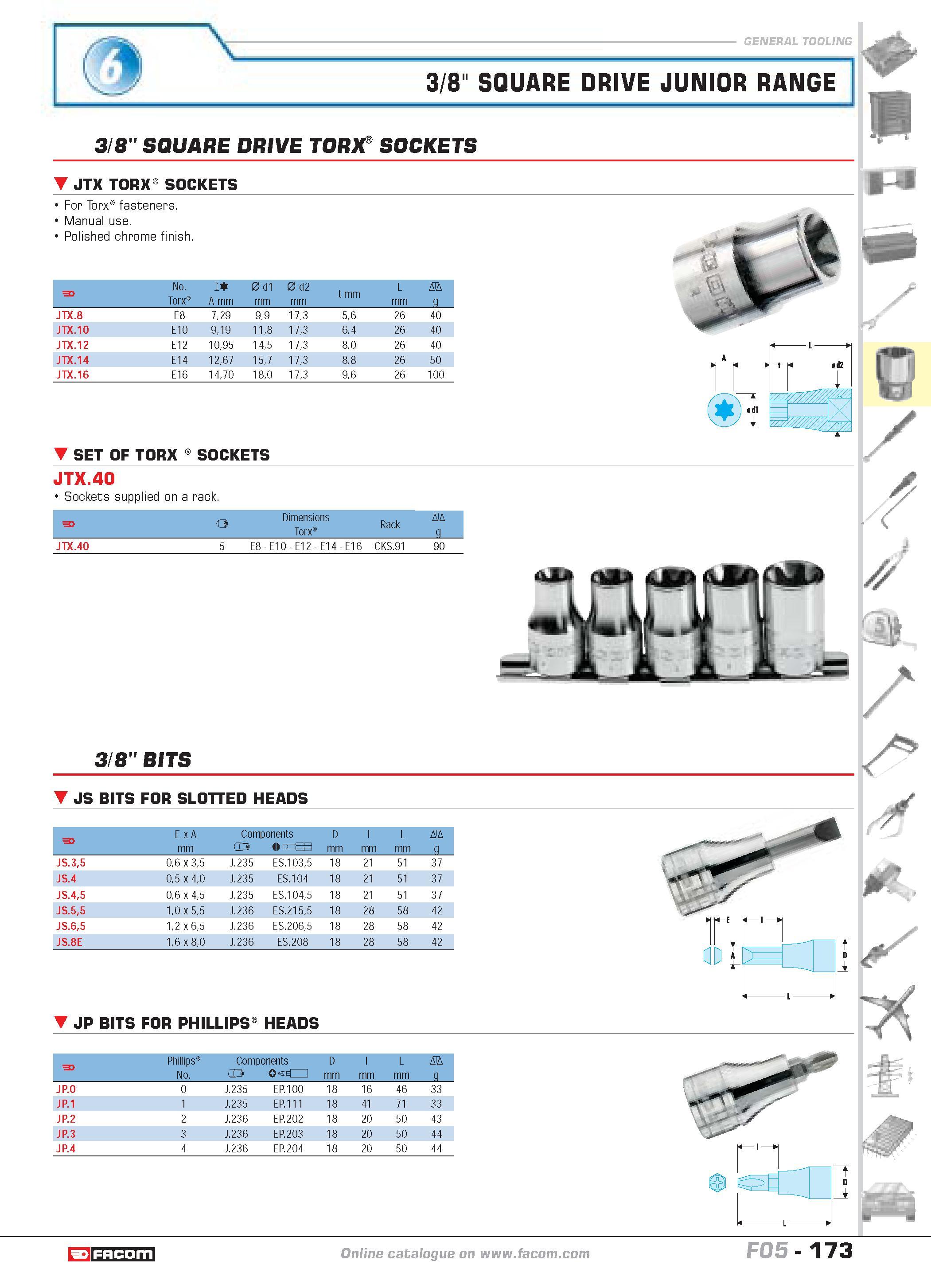 177 3/8 SQUARE DRIVE JUNIOR RANGE 3/8 SQUARE DRIVE TORX SOCKETS JTX TORX0 SOCKETS For Torx fasteners Manual use Polished chrome finish F No Torx 5 A Каталог FACOM 2005 Профессиональный ручной инструмент и специальное оборудование для предприятий и мастерских Стр. 173 ENG