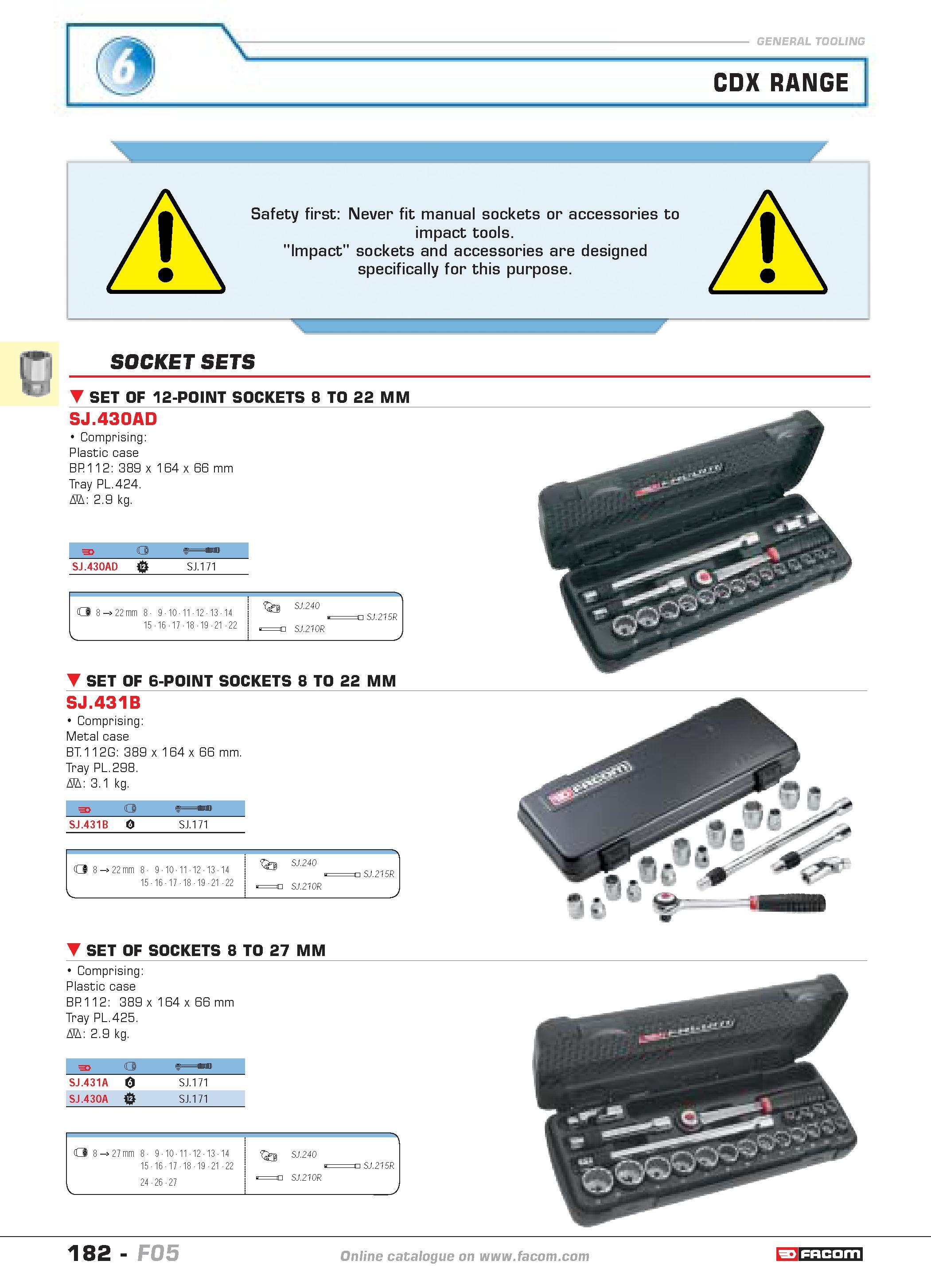 186 SOCKET SETS SET OF 12-POINT SOCKETS 8 TO 22 MM SJ 430AD Comprising Plastic case BP 112 389 x 164 x 66 mm Tray PL 424 D 2 9 kg F o SJ 430AD T SJ 1 Каталог FACOM 2005 Профессиональный ручной инструмент и специальное оборудование для предприятий и мастерских Стр. 182 ENG